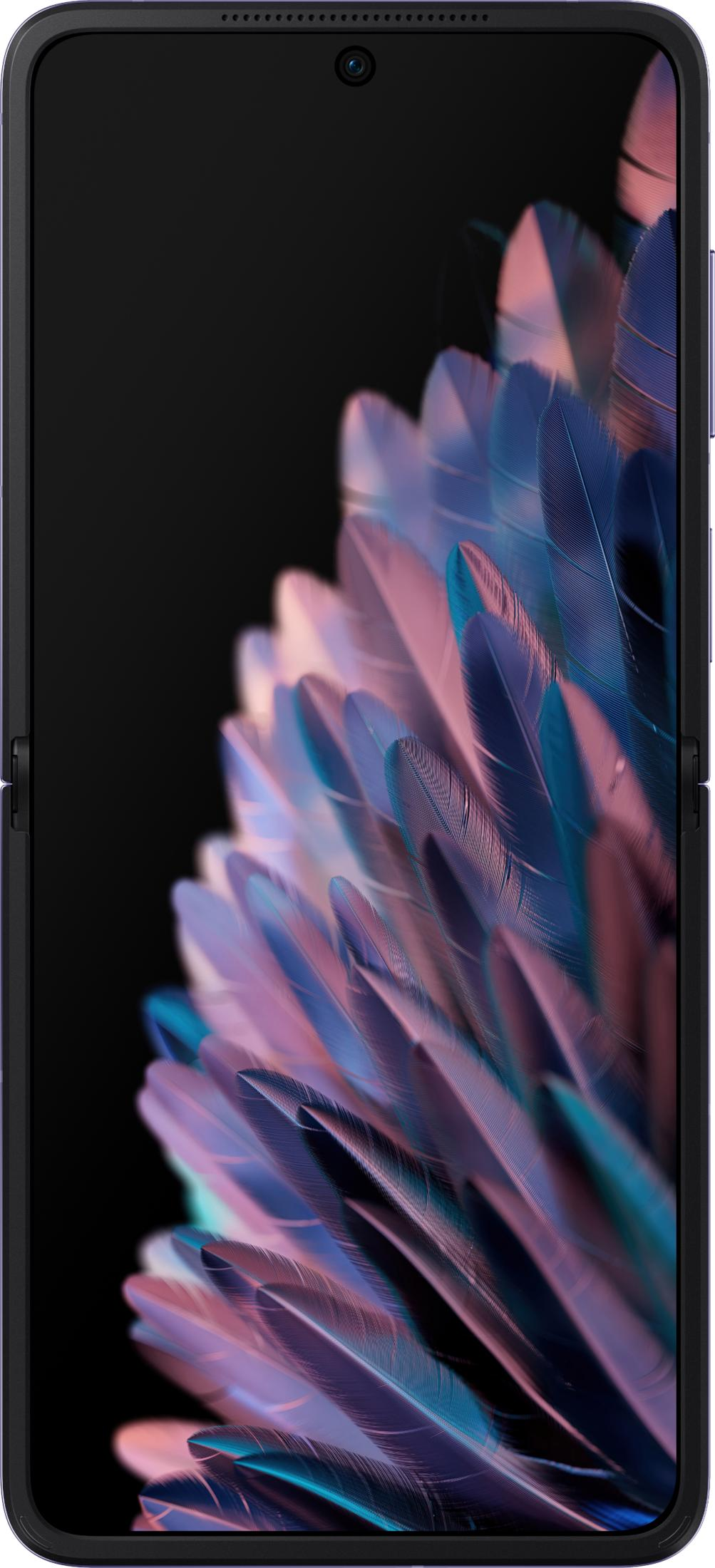 Uno smartphone chiuso mostra uno sfondo colorato di piume.