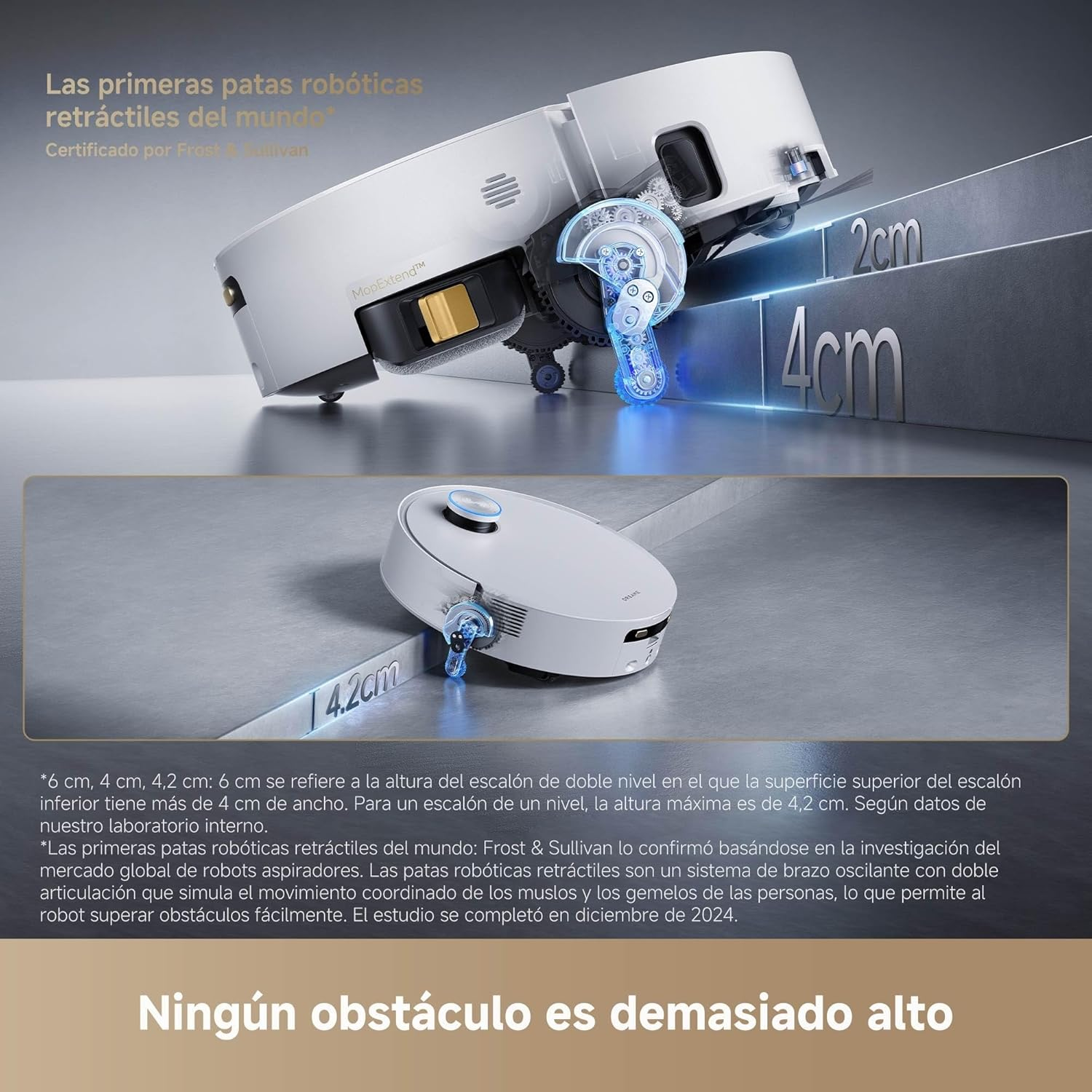Biały robot sprzątający z chowanymi nogami pokonuje przeszkody 2 i 4 cm.