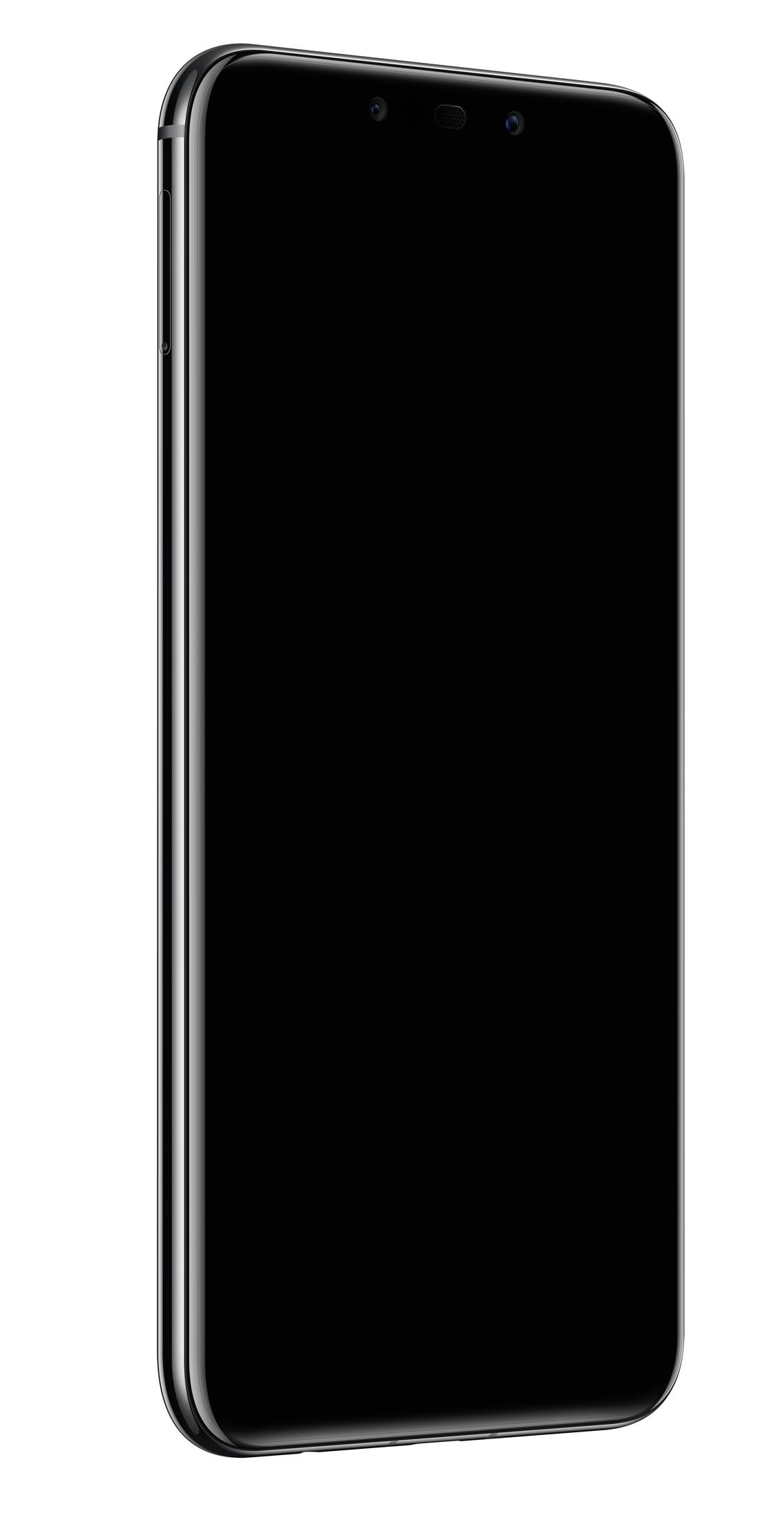 Czarny smartfon z zaokrąglonymi rogami i aparatami na górnej ramce.