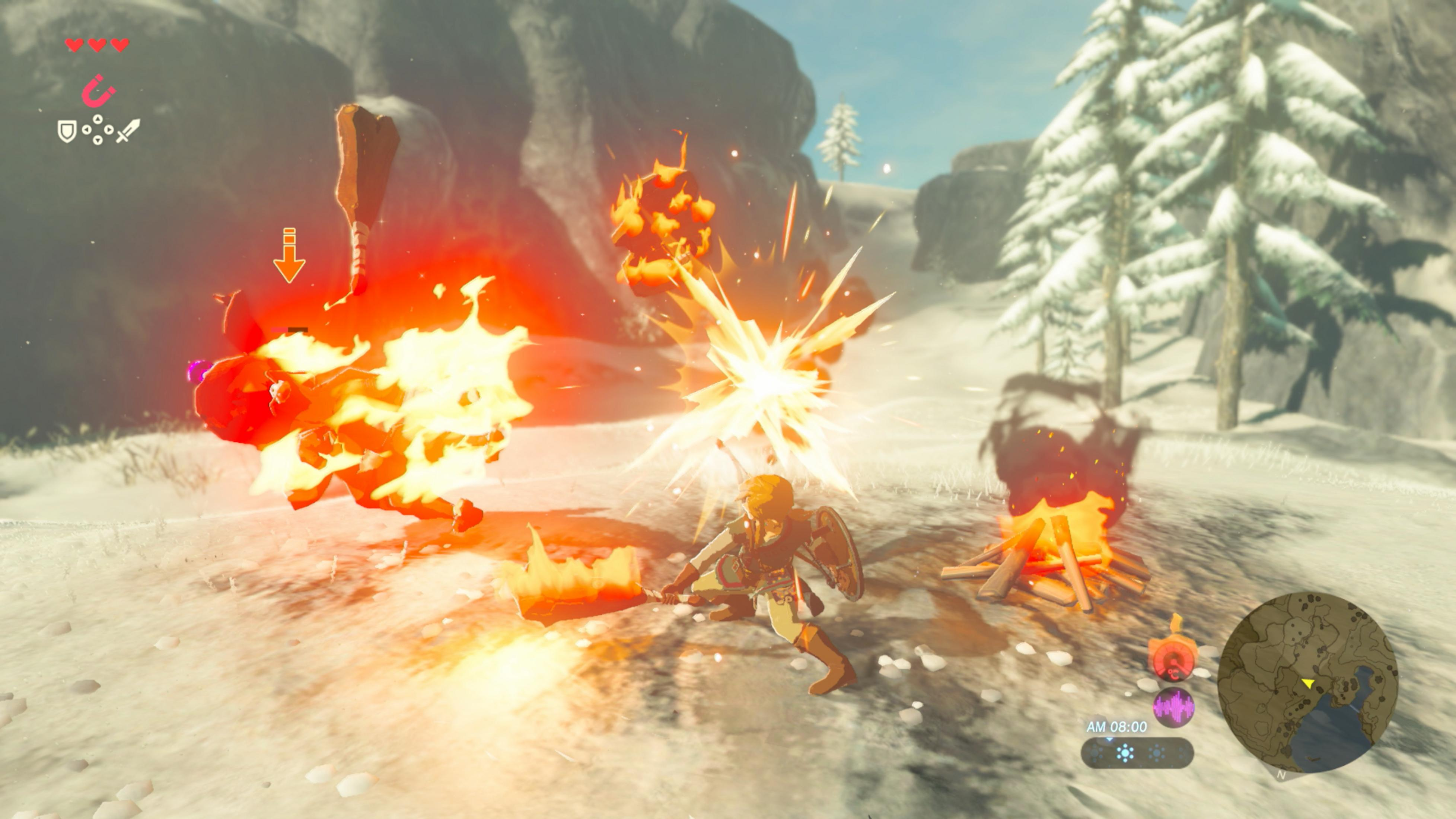 Un personnage avec bouclier et épée s'agenouille dans la neige près d'un feu.