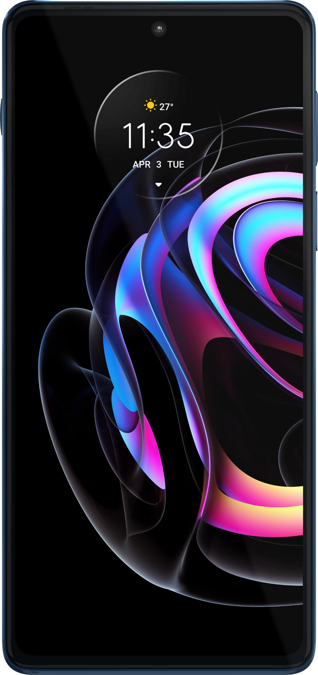 Ein Smartphone zeigt die Uhrzeit 11:35 und eine bunte, abstrakte Tapete.
