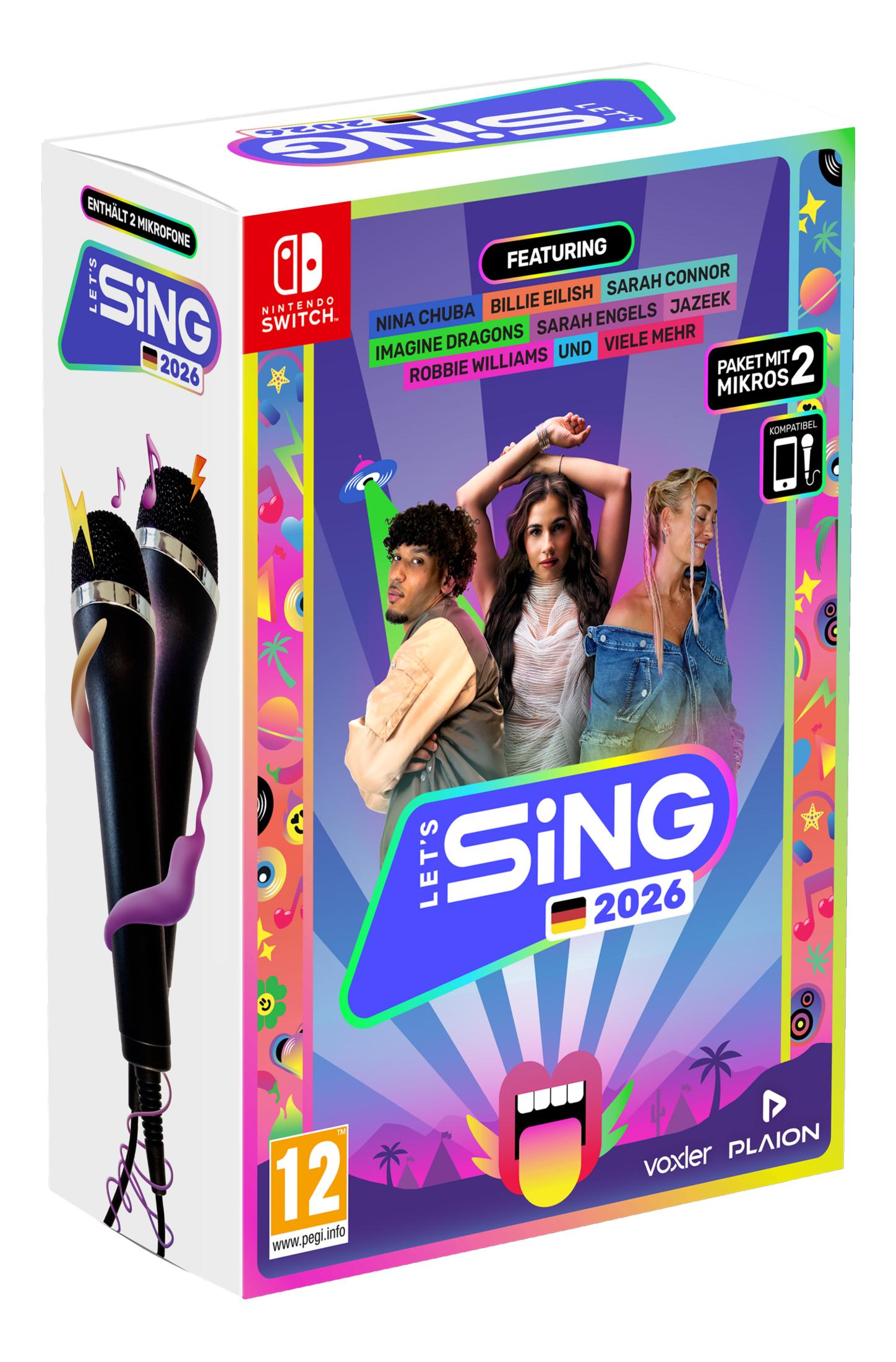 Let's Sing 2026 Nintendo Switch Hülle mit Mikrofonen, Featuring-Künstlern und Altersfreigabe 12.
