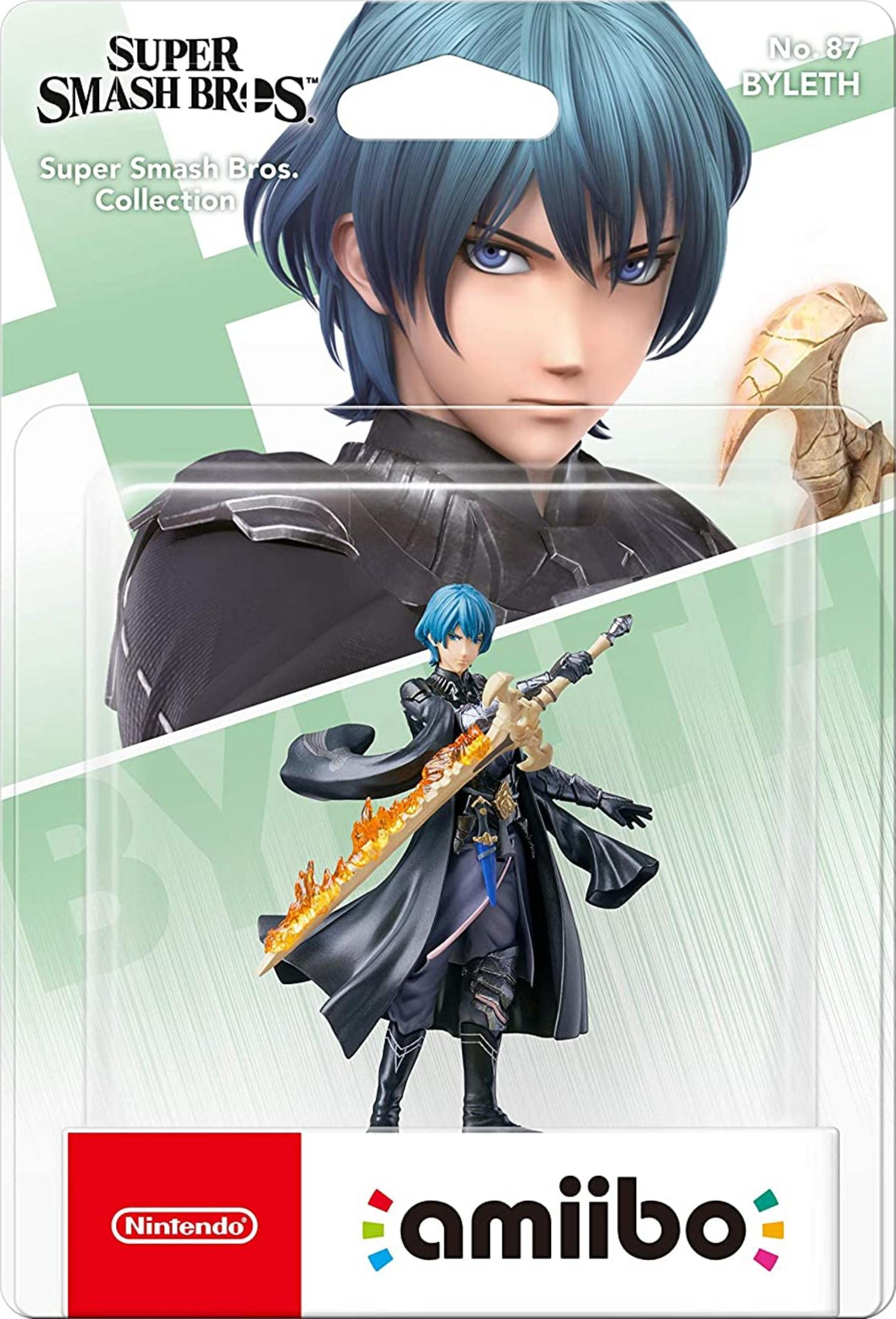 Figura Amiibo de Byleth en empaque Super Smash Bros., con espada llameante.