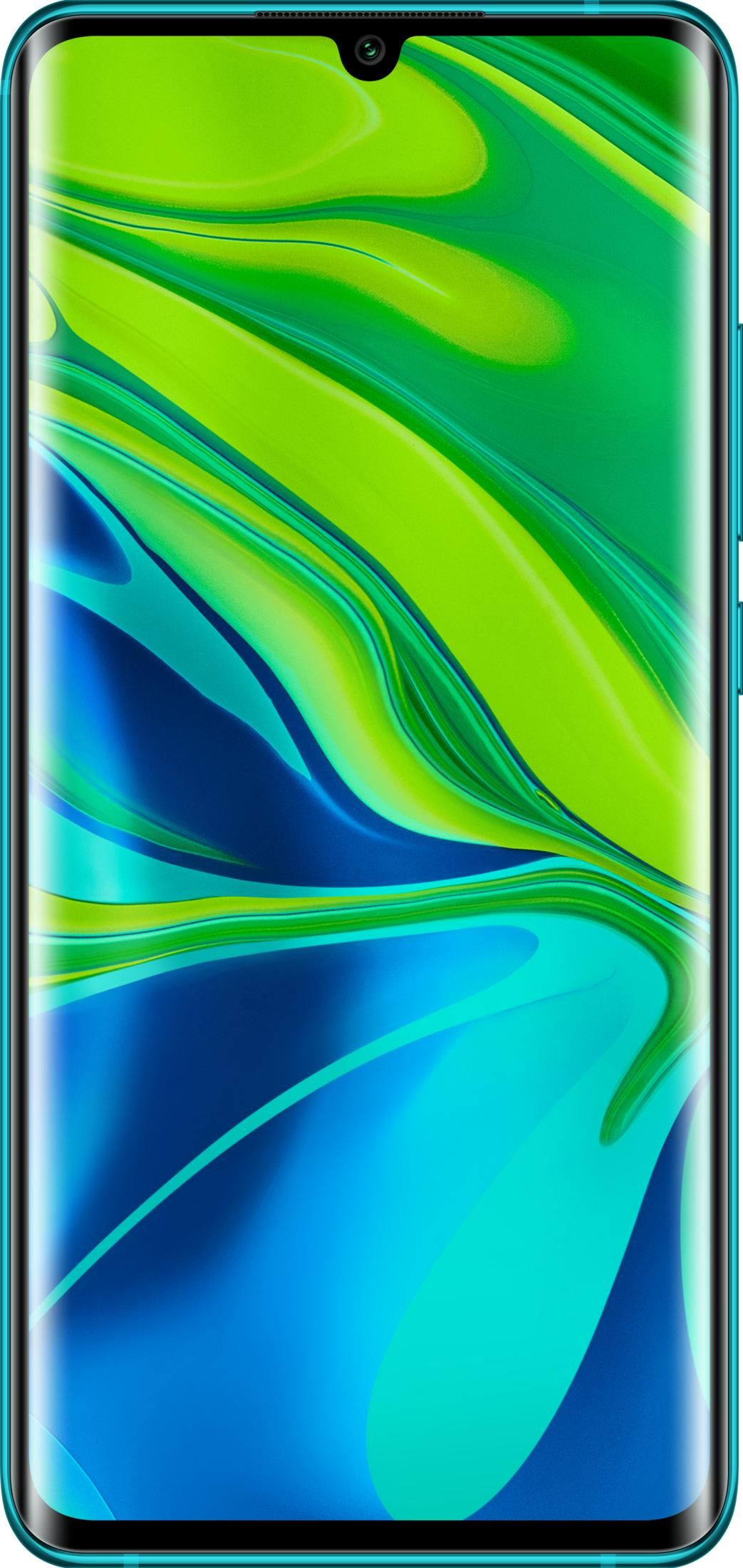 Smartfon z abstrakcyjną, płynną tapetą w odcieniach zieleni i błękitu.