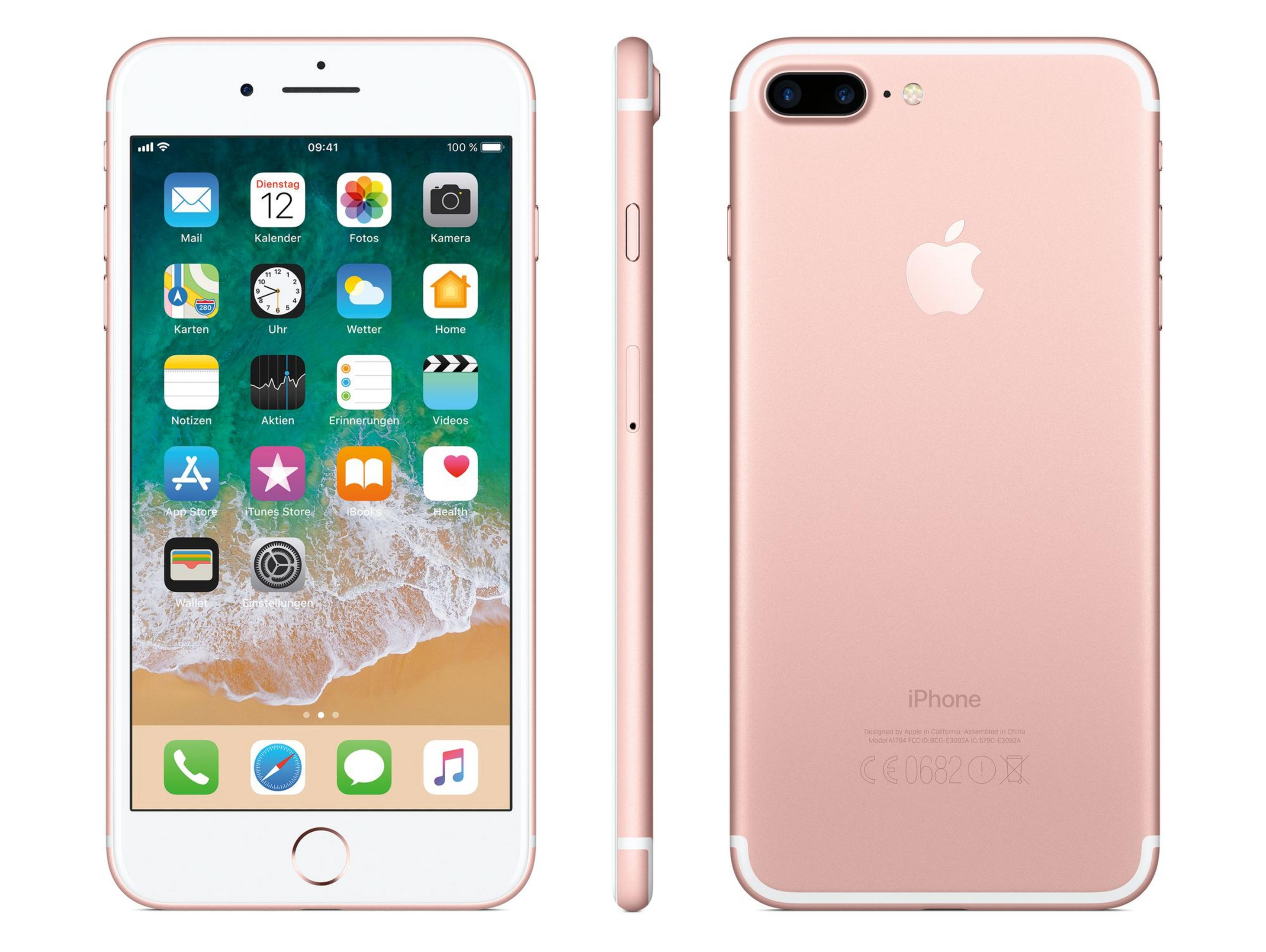 Een roségoud iPhone 7 Plus met dubbele camera en iconen op het scherm.