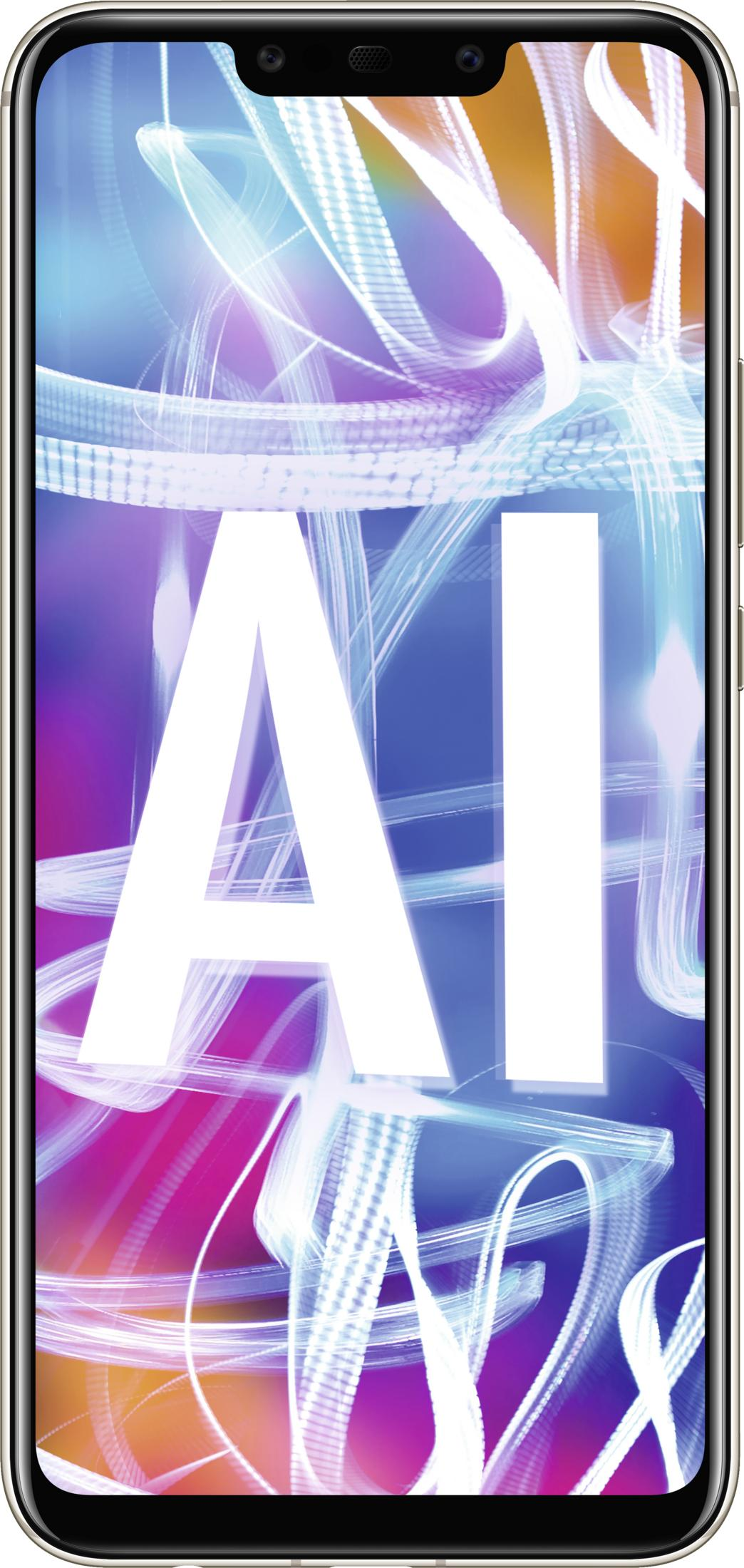 Ein Smartphone mit dem Schriftzug "AI" auf einem bunten Hintergrund mit Lichtstreifen.