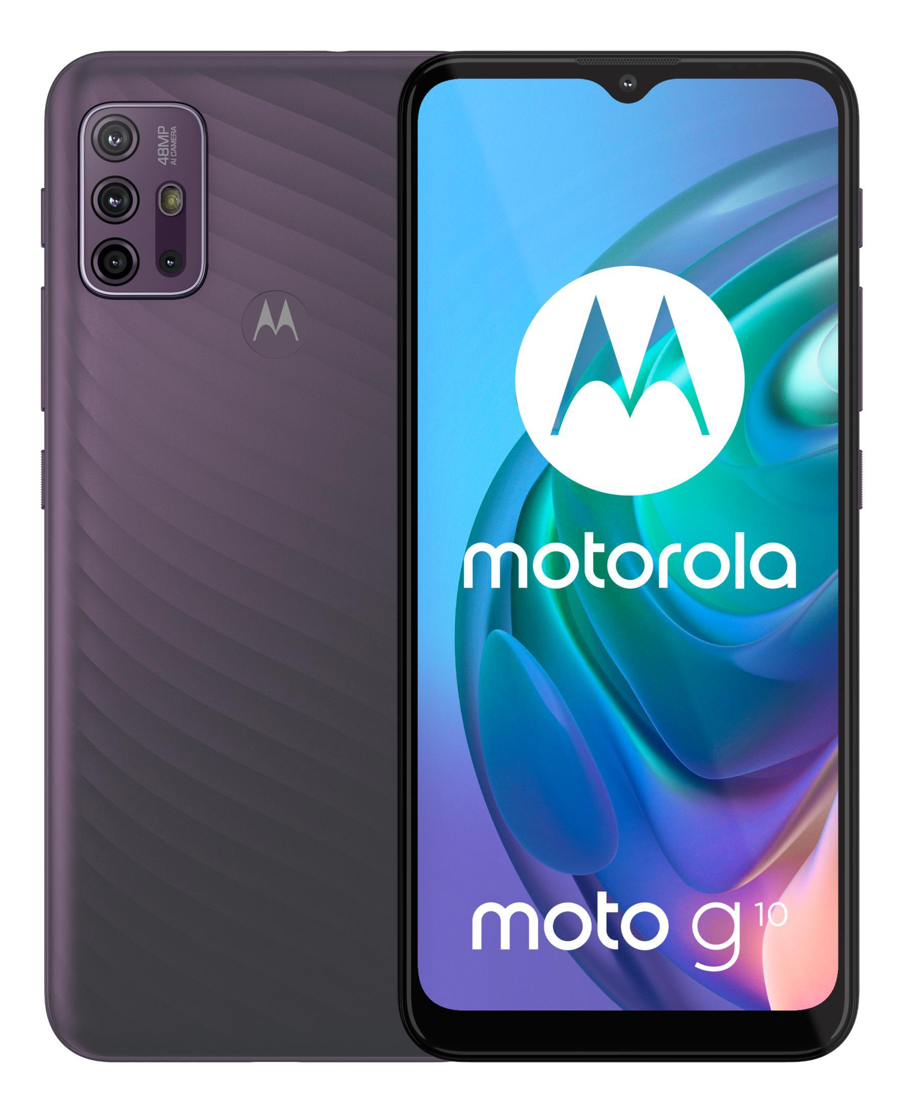 Motorola Moto G10 viola con fotocamera posteriore da 48MP, mostrato su sfondo bianco.