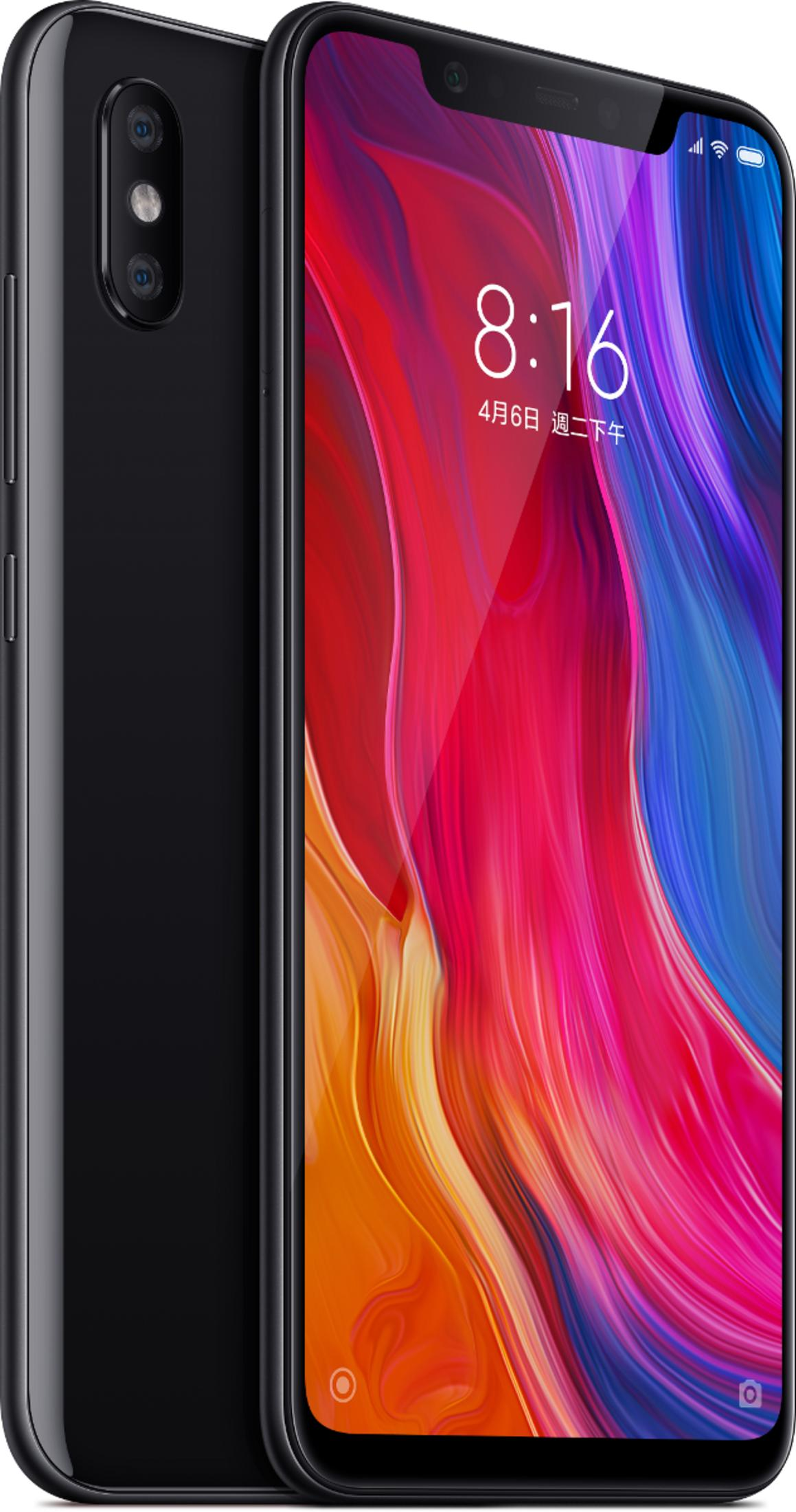 Schwarzes Smartphone mit zwei rückseitigen Kameras und buntem abstrakten Hintergrundbild.