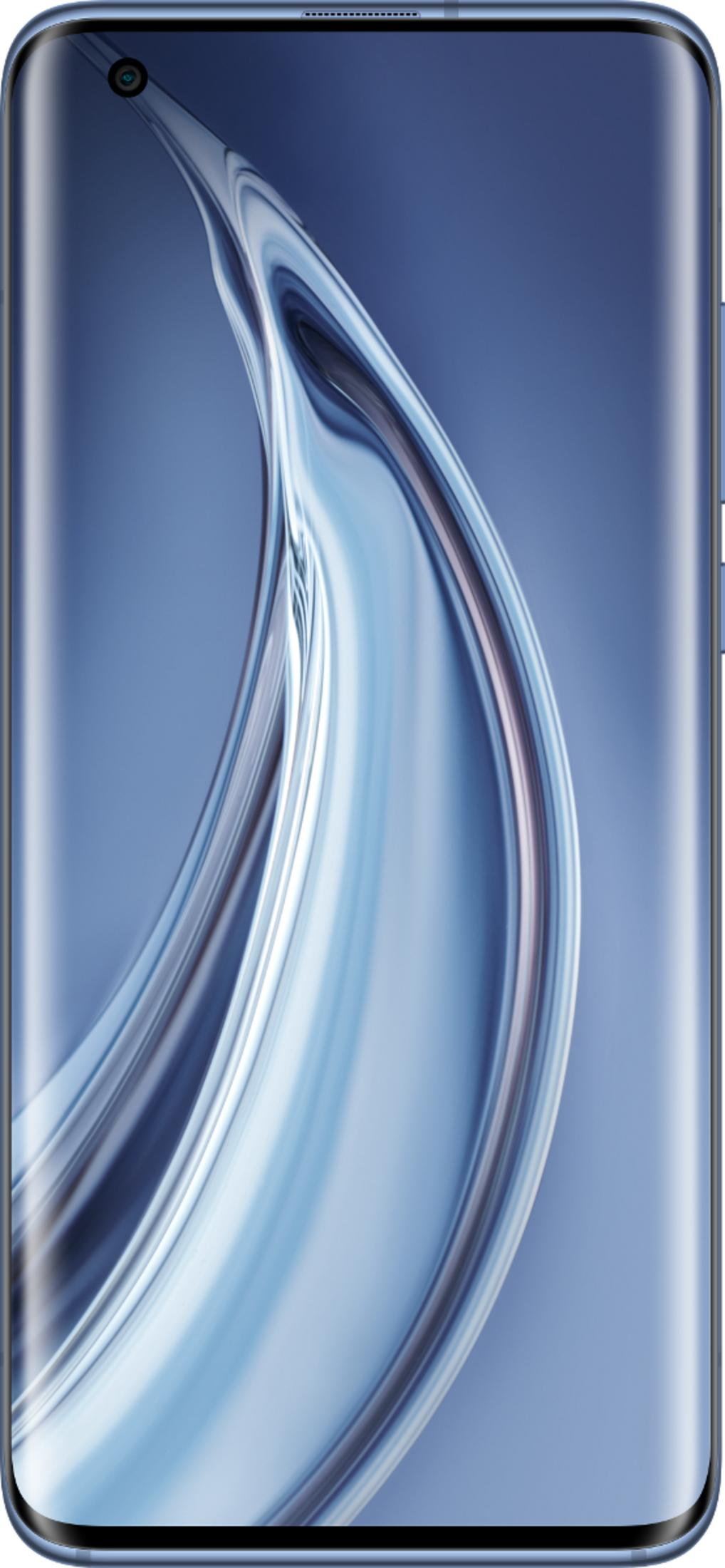 Ein blaues Smartphone mit gekrümmtem Bildschirm und einer Frontkamera oben links.
