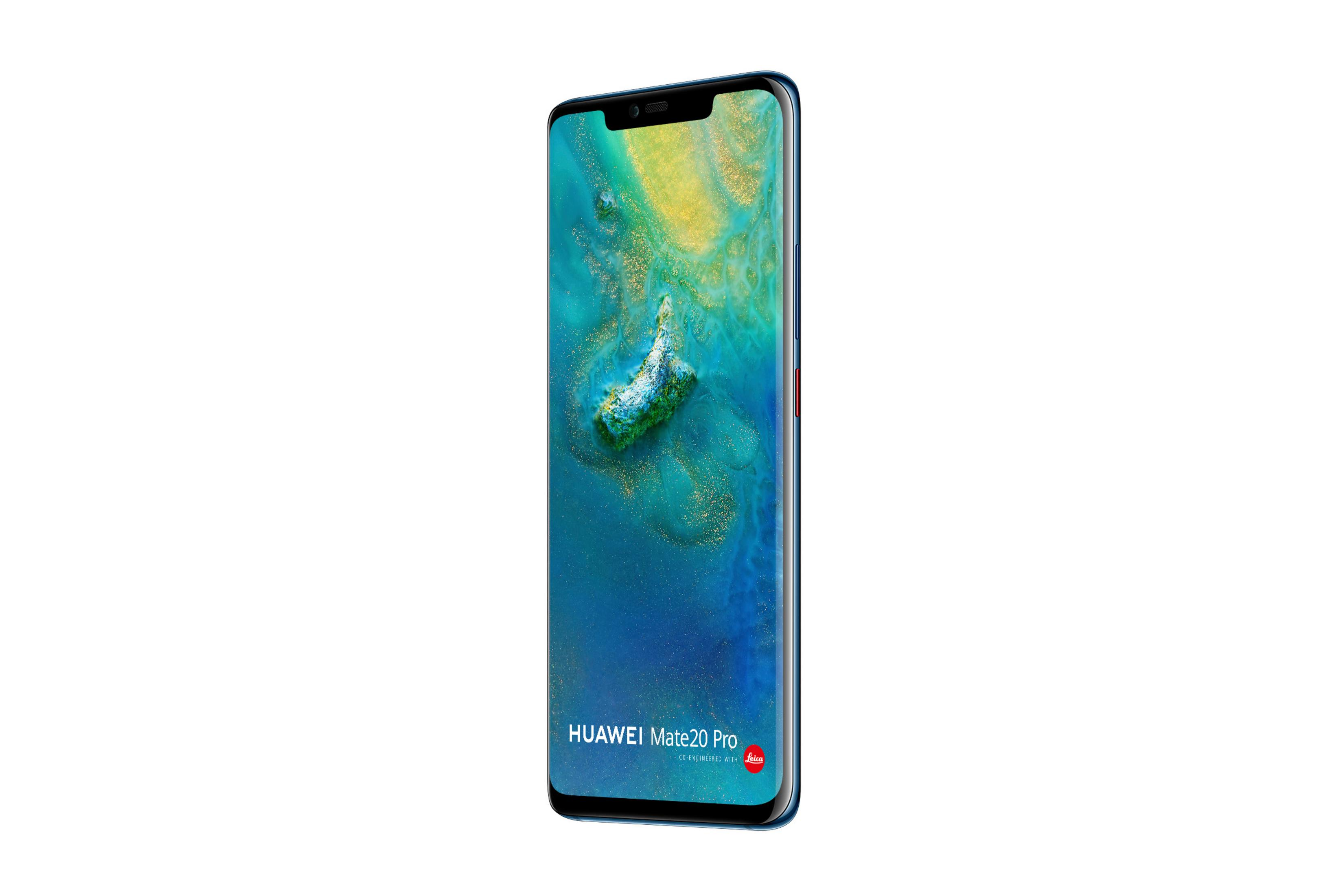 Niebieski smartfon Huawei Mate 20 Pro z abstrakcyjną tapetą.
