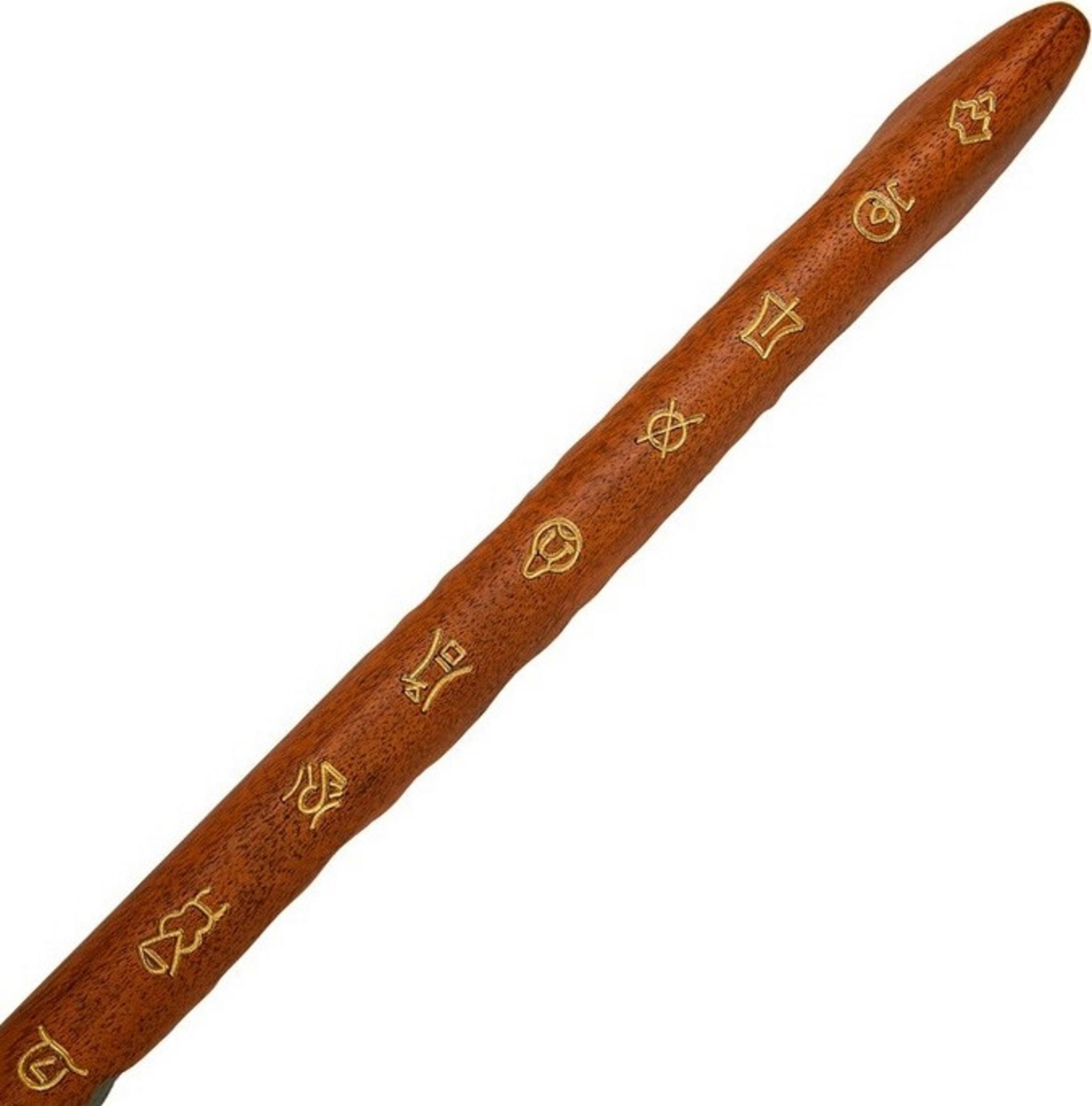 Un bastone marrone con simboli dorati su sfondo bianco.