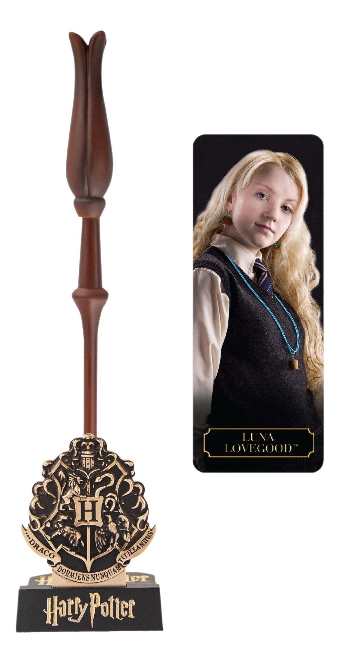 Harry Potter-Wappen und Luna Lovegood-Bild. Dunkler Hintergrund.