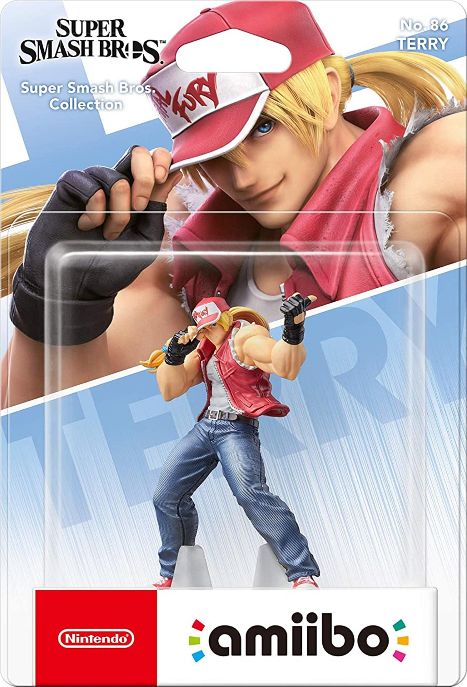 Statua amiibo di Super Smash Bros. di Terry Bogard con cappellino rosso, gilet e jeans.