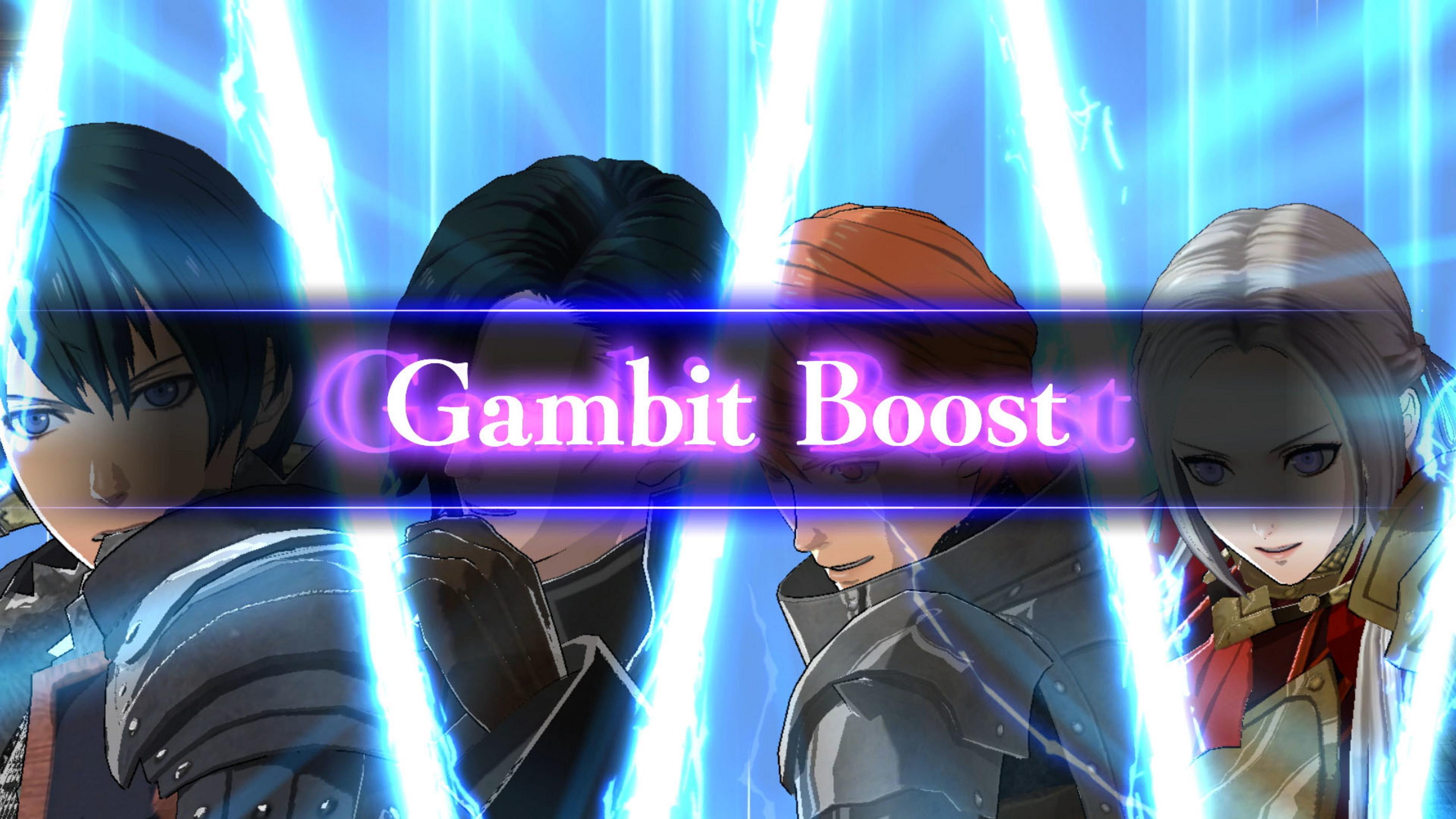 Quatre personnages avec des effets d'énergie bleue et le texte 'Gambit Boost'.