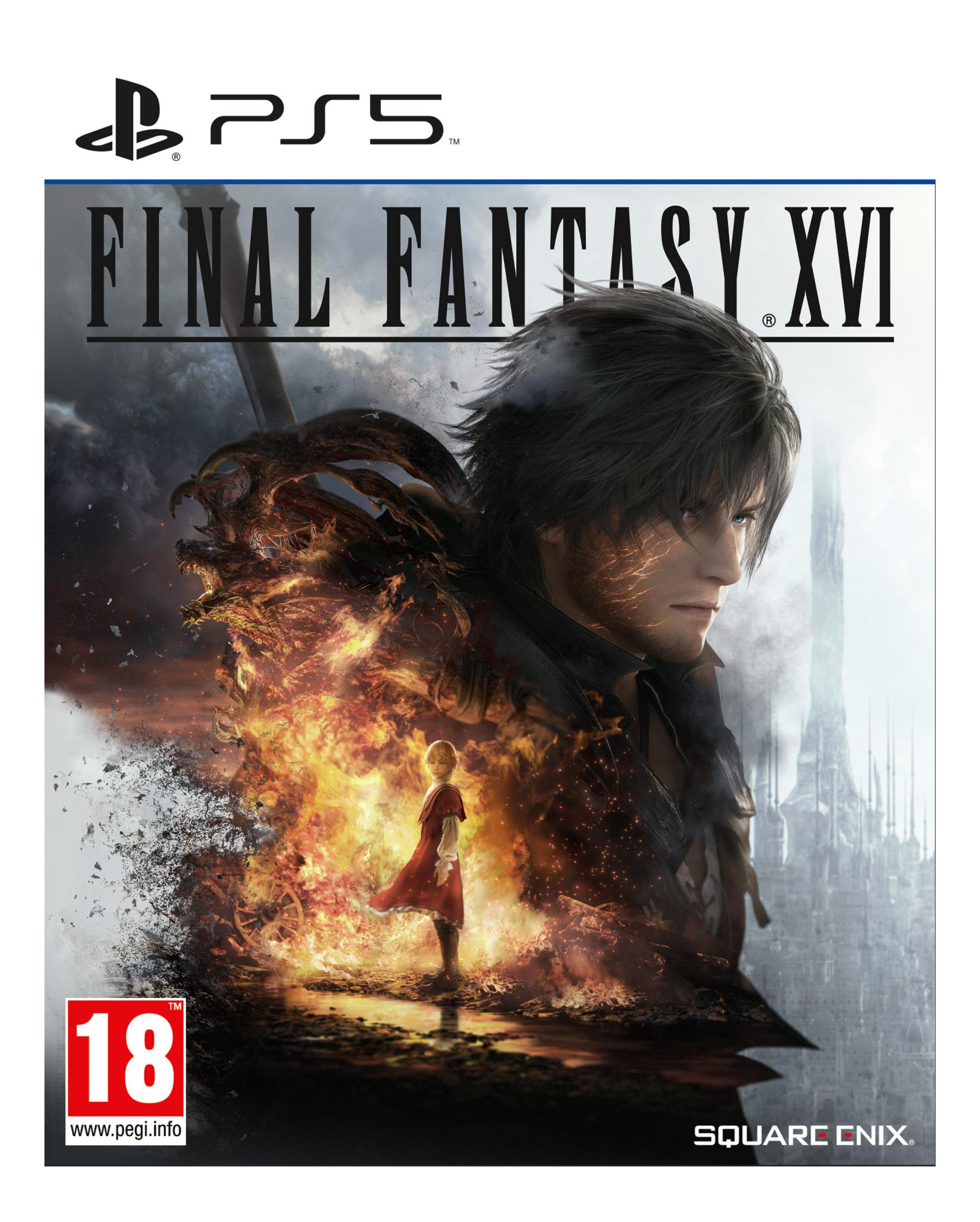 Copertina Final Fantasy XVI: Uomo dai capelli scuri, creatura di fuoco, bambino rosso.