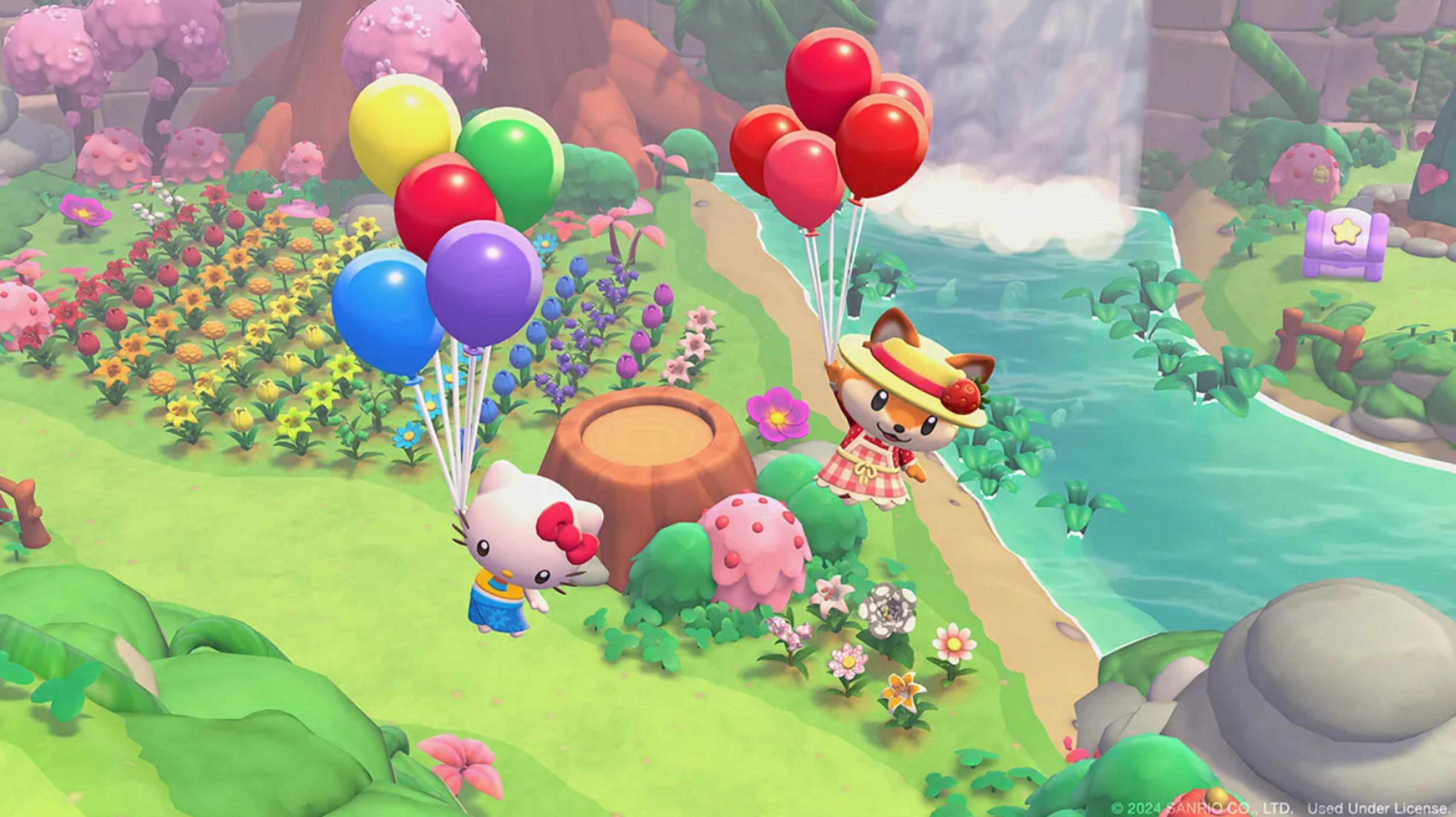 Hello Kitty und ein Fuchs schweben mit Ballons über einer bunten Landschaft mit Blumen und einem Fluss.