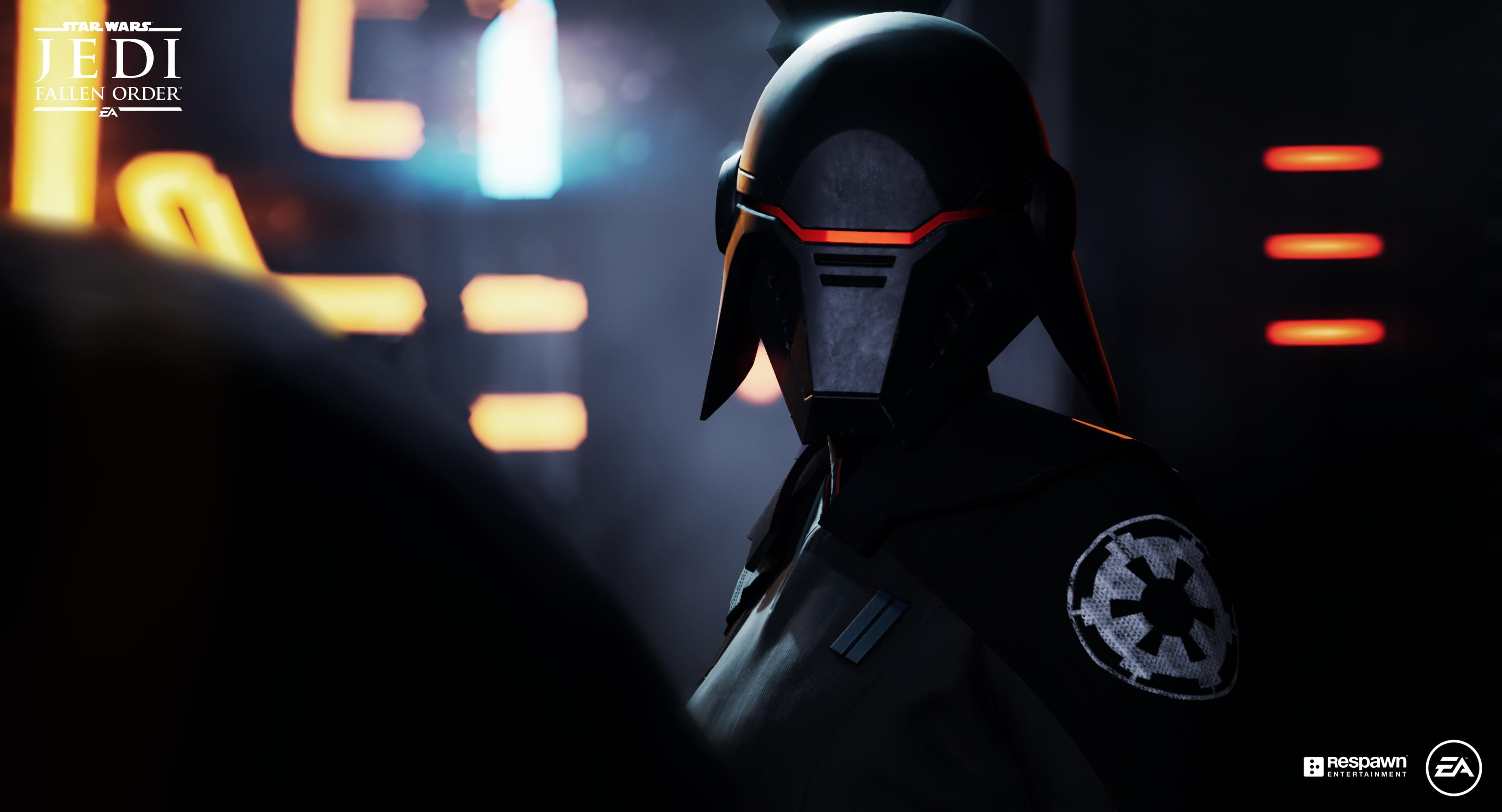 Un inquisiteur au casque noir, visière rouge, armure sombre et symbole impérial.