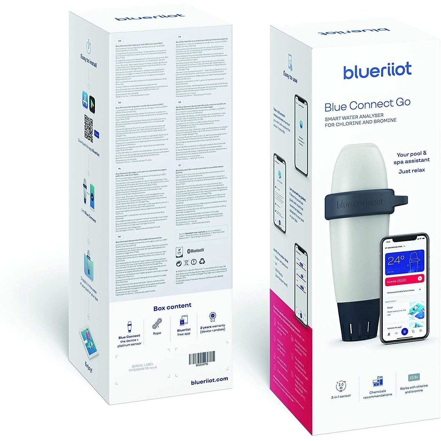 Zwei Verpackungen für einen intelligenten Wasseranalysator für Pools. Einer zeigt das Gerät und die App, der andere Boxinhalt.