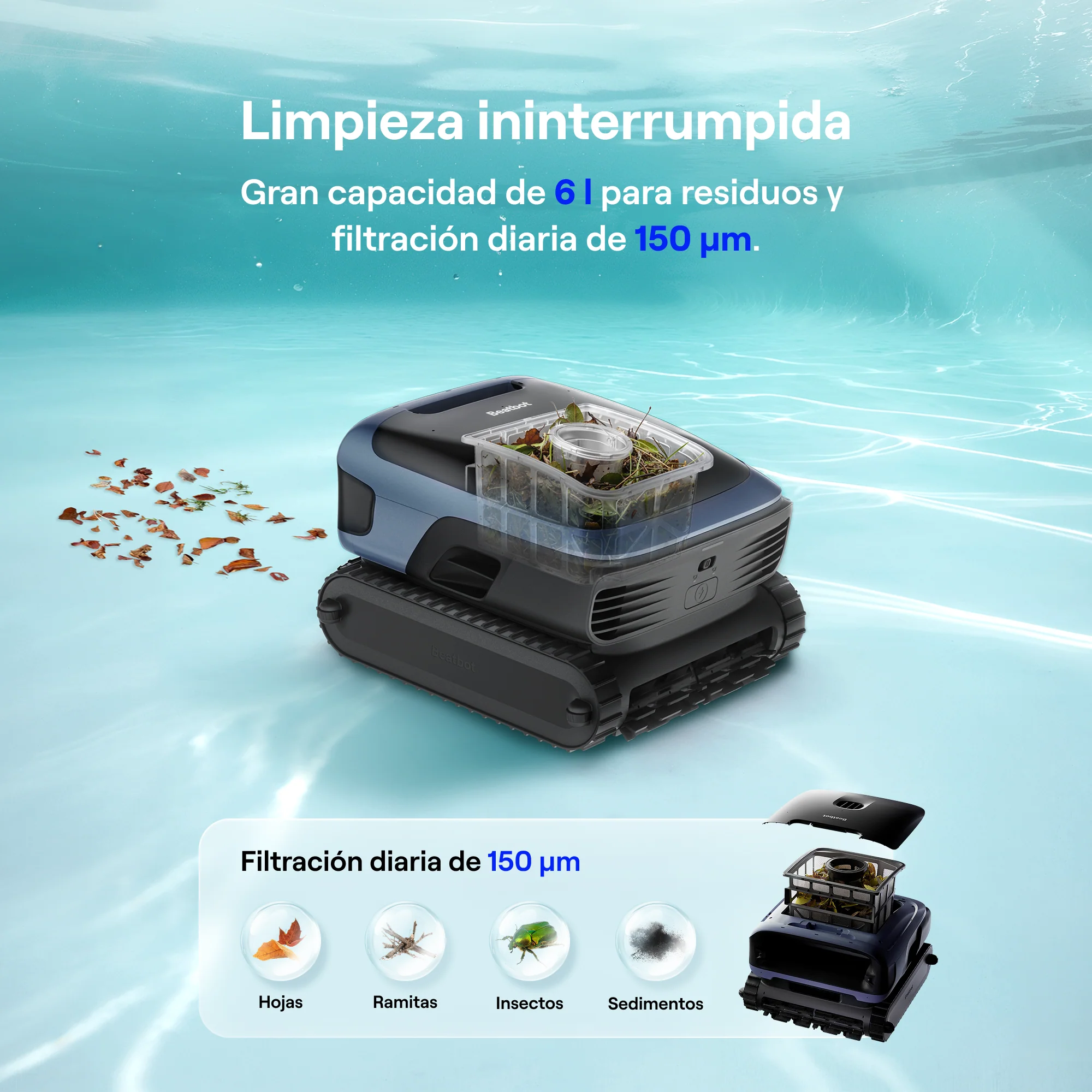 Un robot limpia piscinas recoge hojas, ramitas, insectos y sedimentos del agua.
