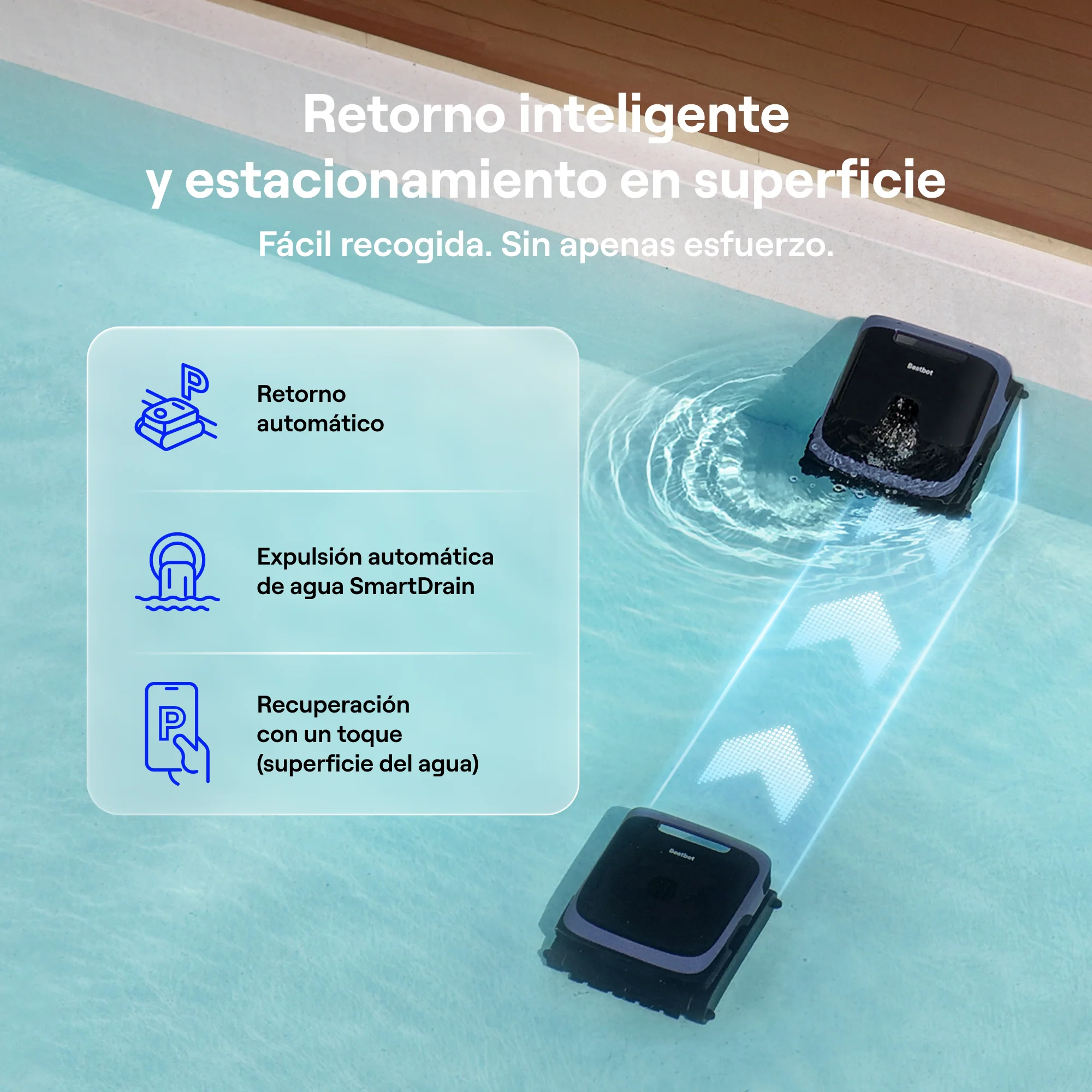 Un robot limpia piscinas se mueve en la superficie del agua, con texto sobre retorno inteligente.