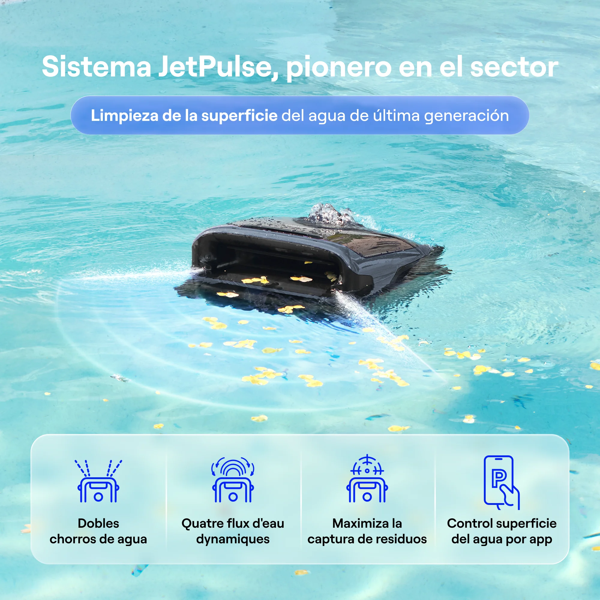 Un limpiador de piscina negro flota sobre el agua rodeado de hojas amarillas.