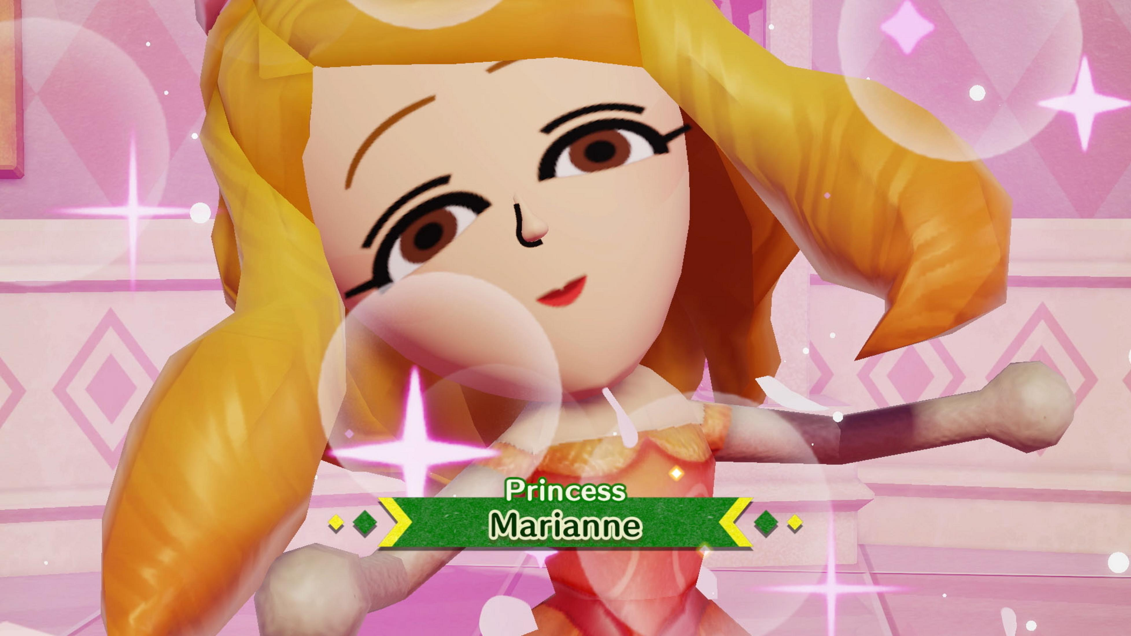 Una principessa Mii con capelli arancioni e vestito rosa, in posa sul palco.