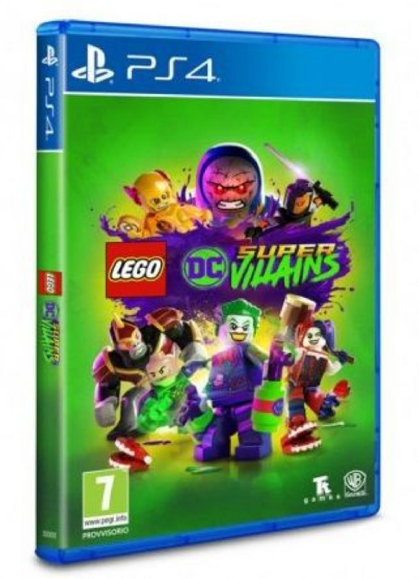 Couverture jeu PS4 : Lego DC Super-Villains avec Joker, Harley Quinn et d'autres personnages.