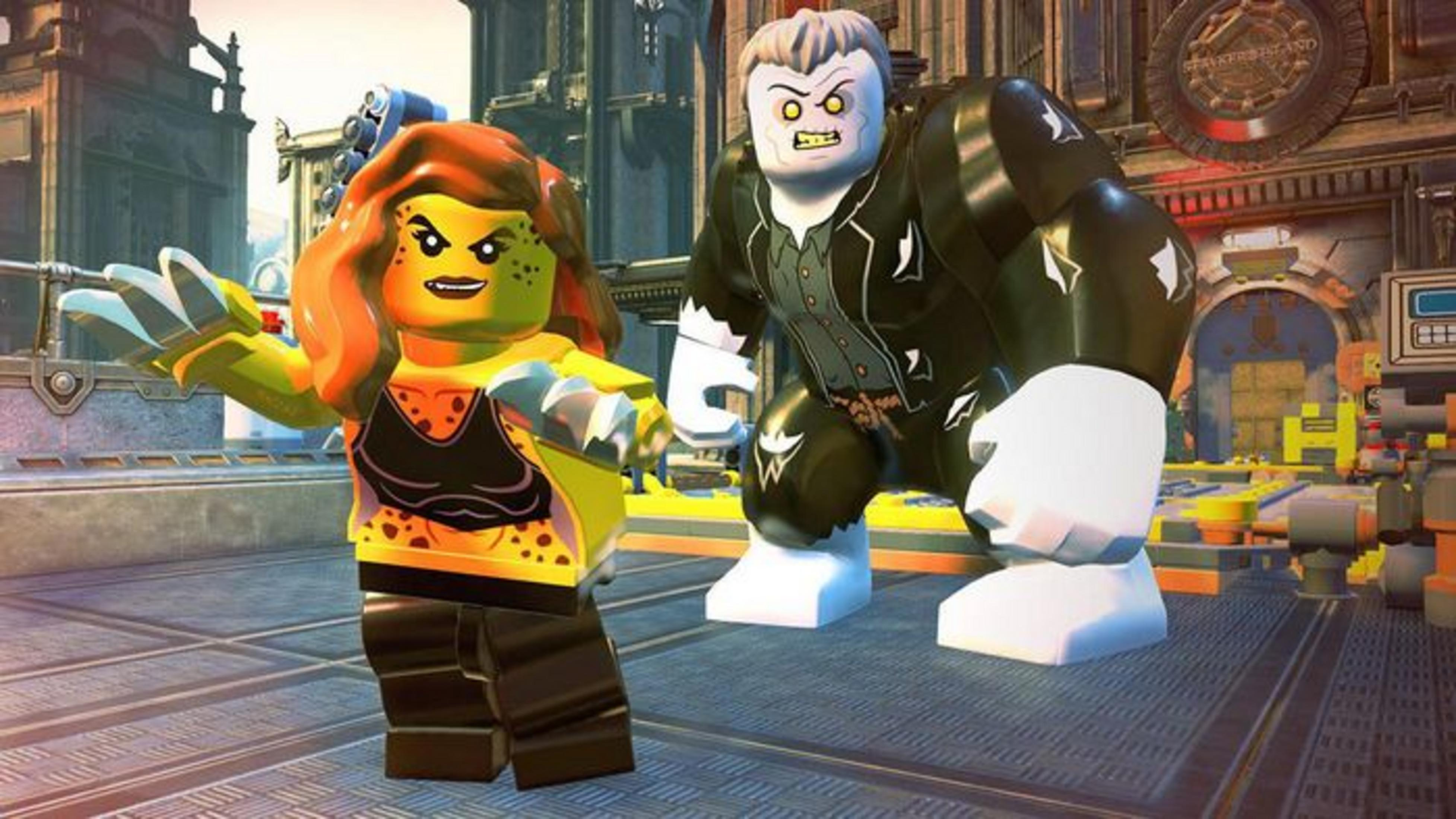Deux figurines Lego sur un sol métallique. L'une est verte avec des cheveux rouges, l'autre blanche avec des vêtements sombres.