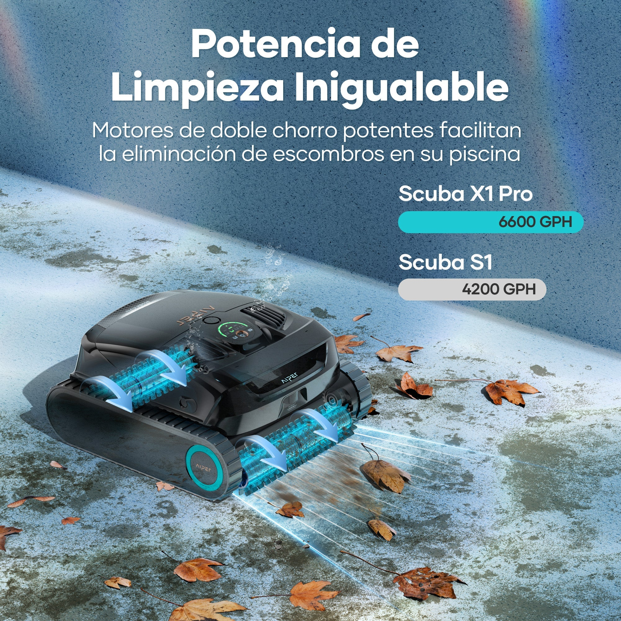 Un limpiafondos con doble chorro succiona hojas en una superficie mojada.