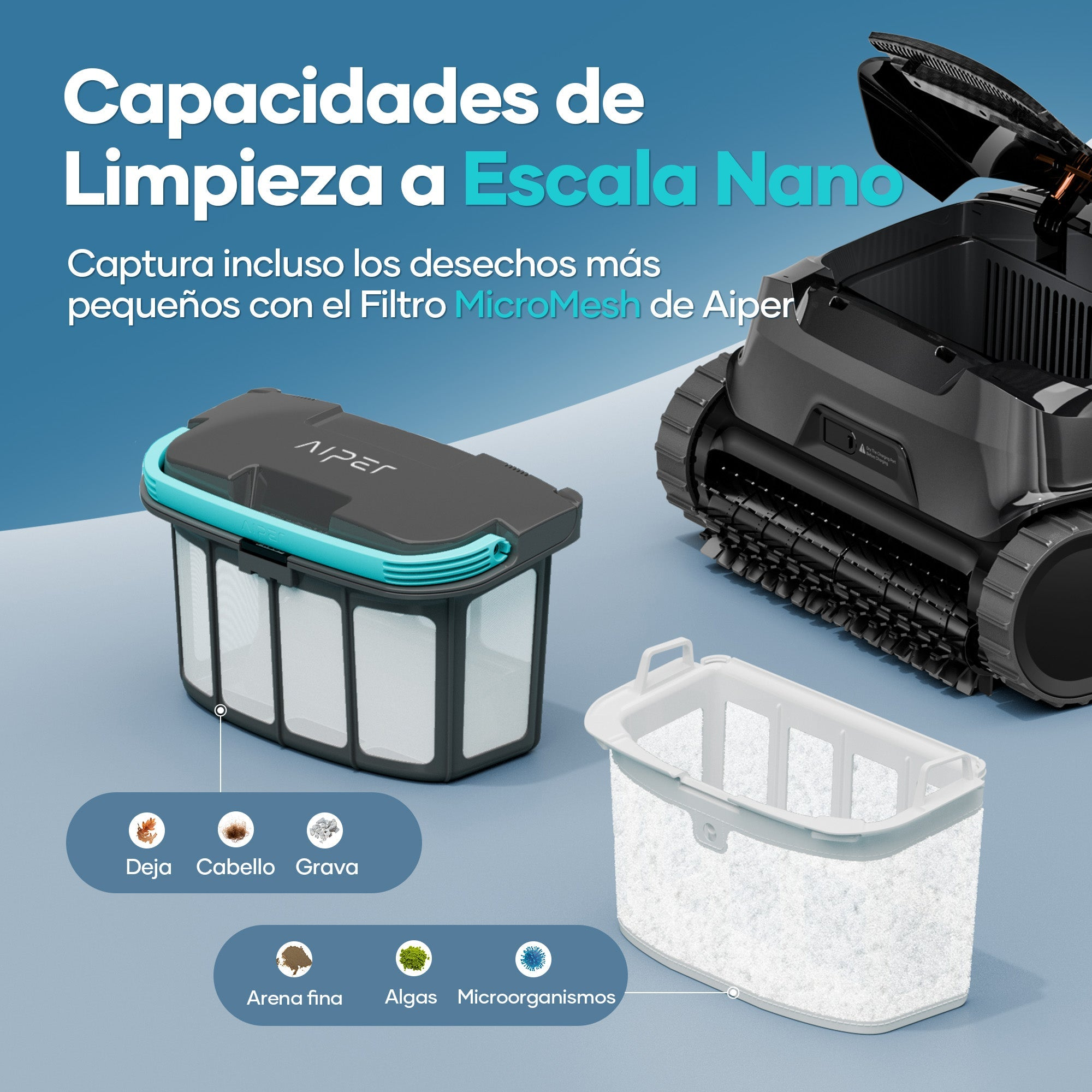 Un filtro y contenedor de limpiador de piscina con malla fina para limpieza nano.
