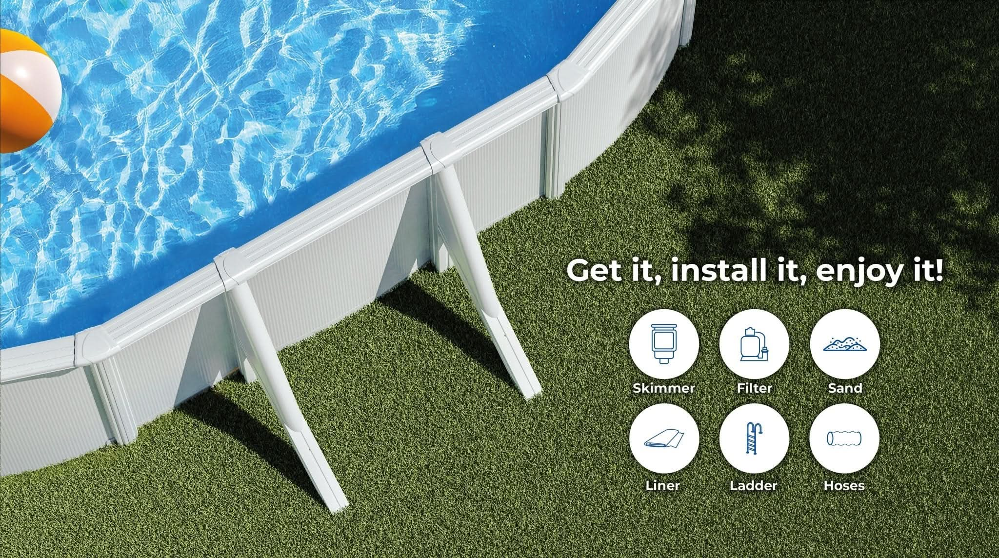 Piscina elevada con agua azul y pelota a rayas. Iconos muestran partes de la piscina.