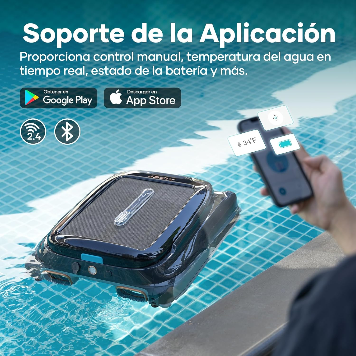 Limpiafondos en agua controlado por app mostrando 34°F y batería.