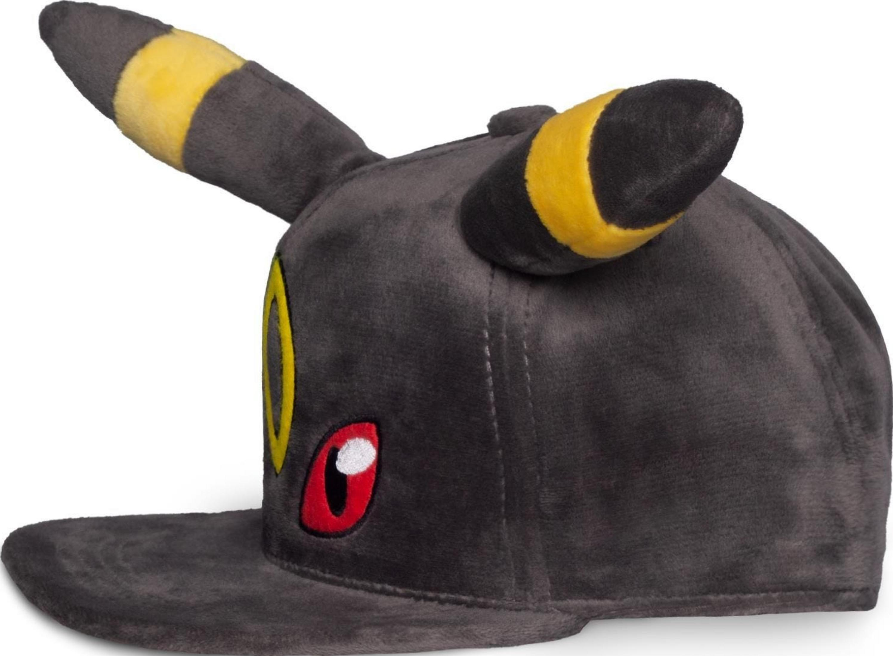 Grauer Plüschhut mit gelben Streifen und Umbreon-Augen-Design.