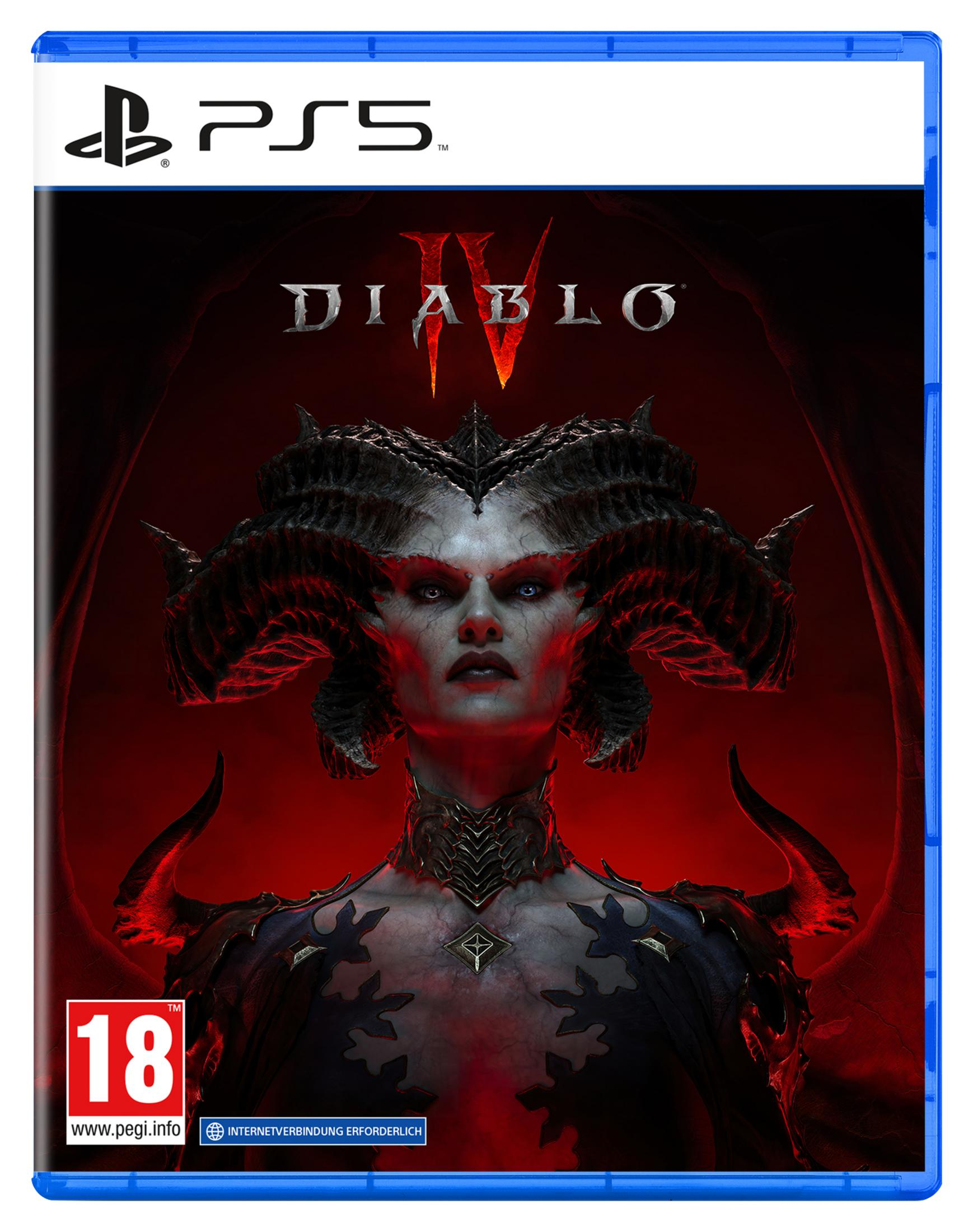 Couverture PS5 Diablo IV: Démonesse avec cornes, fond rouge, PEGI 18.