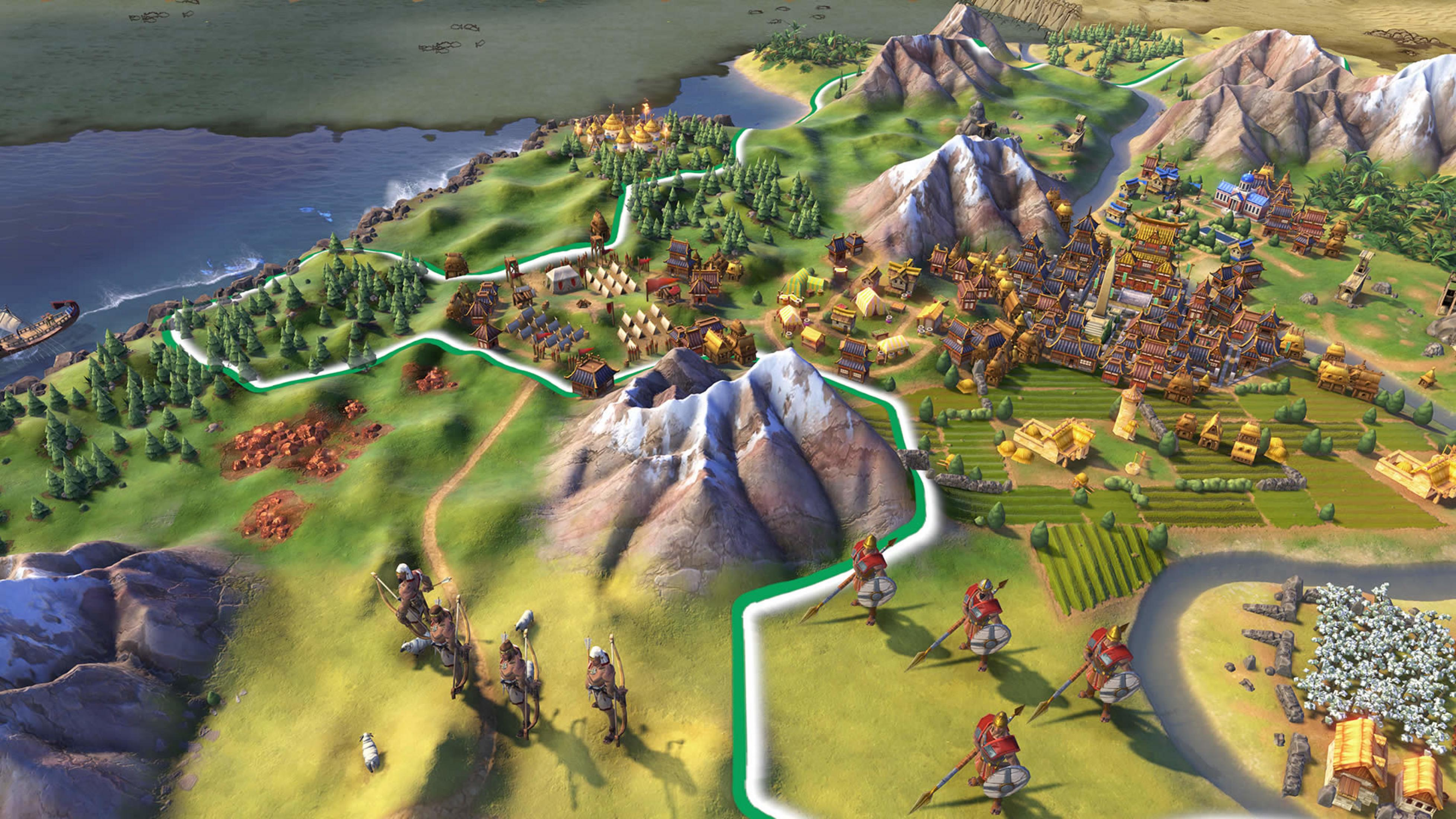 Eine strategische Karte mit Städten, Bergen, Wasser und Einheiten.