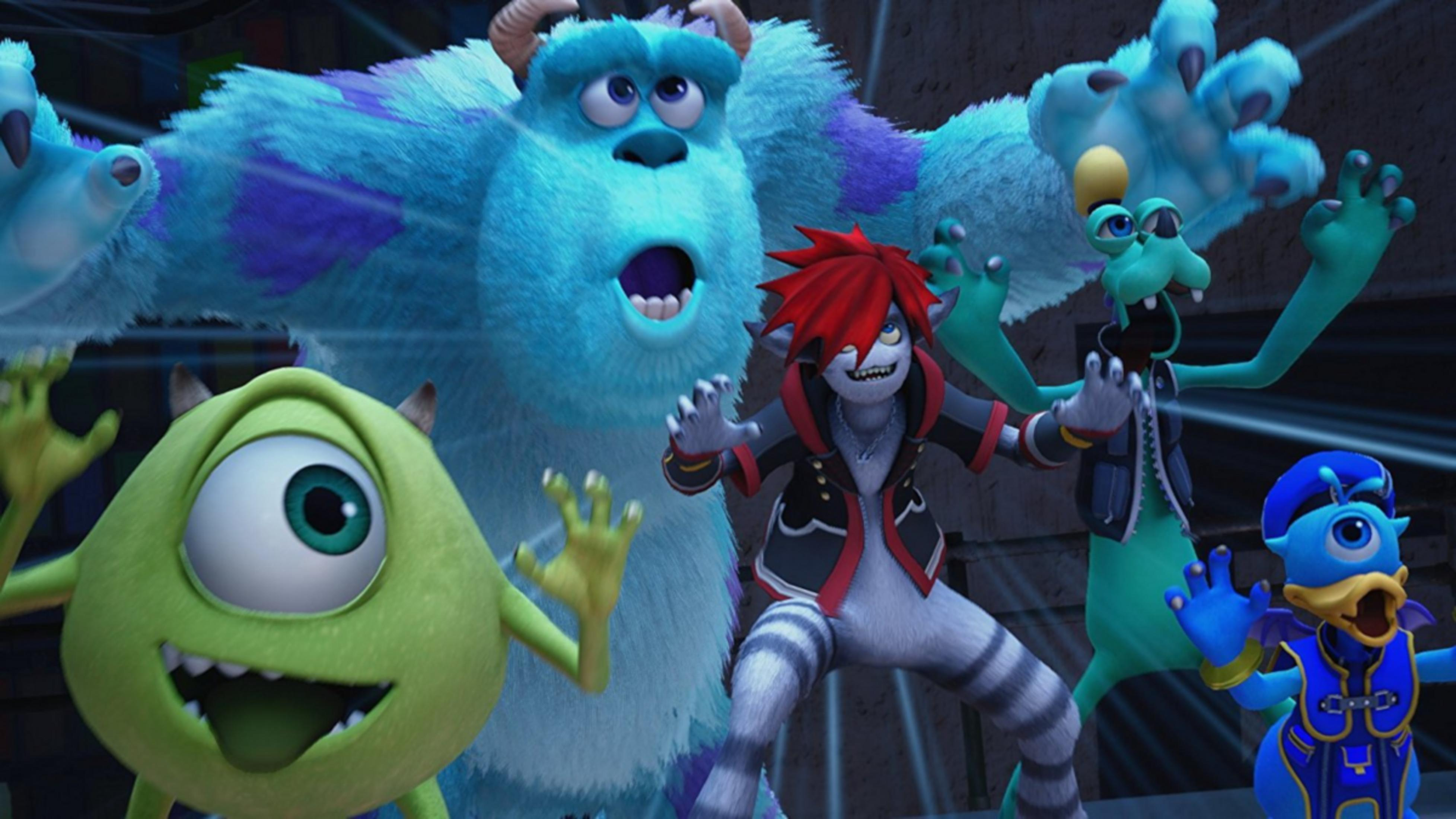 Mike, Sulley, Sora, Donald et Dingo dans une scène cinématographique.