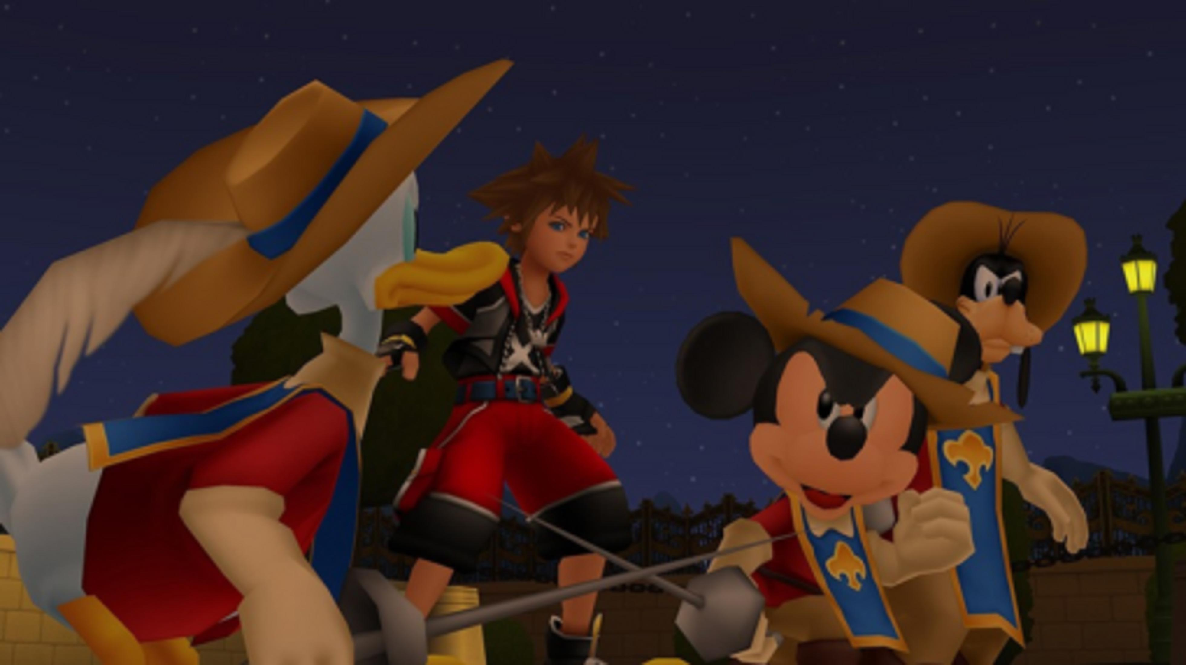 Sora, Mickey et Dingo avec Donald en tenue de pirate se tiennent dehors.