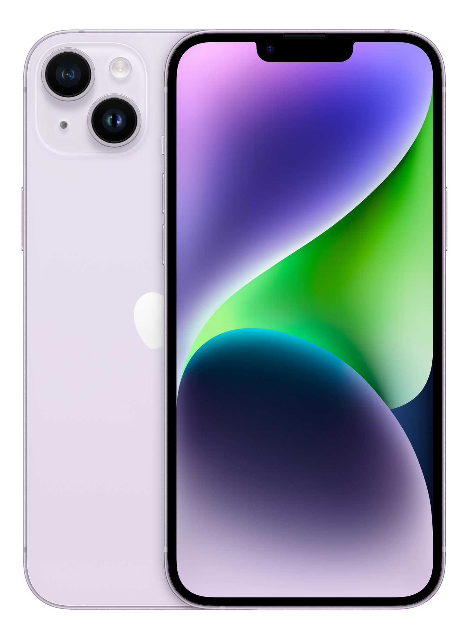 Fioletowy iPhone z dwoma tylnymi aparatami i kolorowym wyświetlaczem.