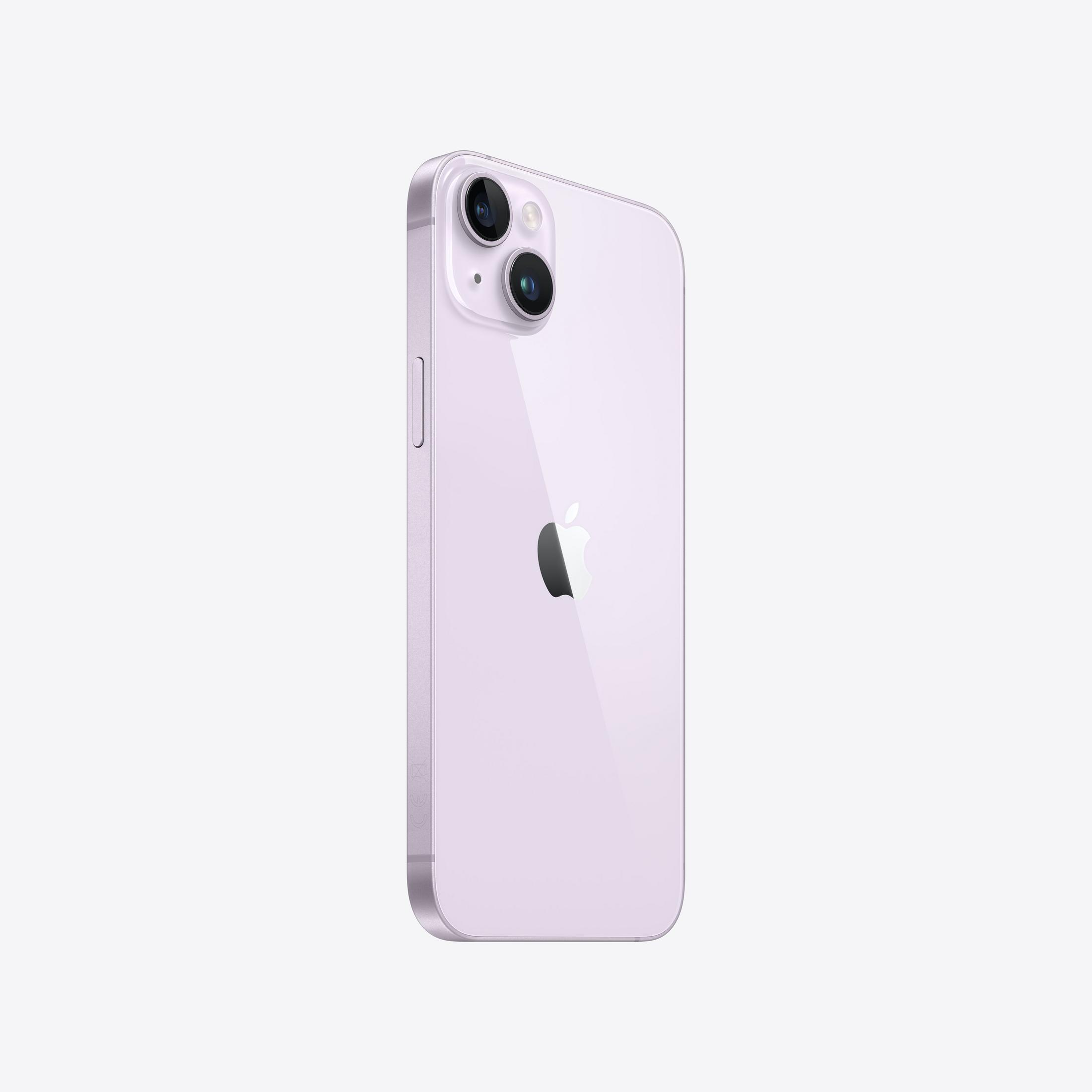 Tył jasnofioletowego iPhone'a z dwoma aparatami i logo Apple.