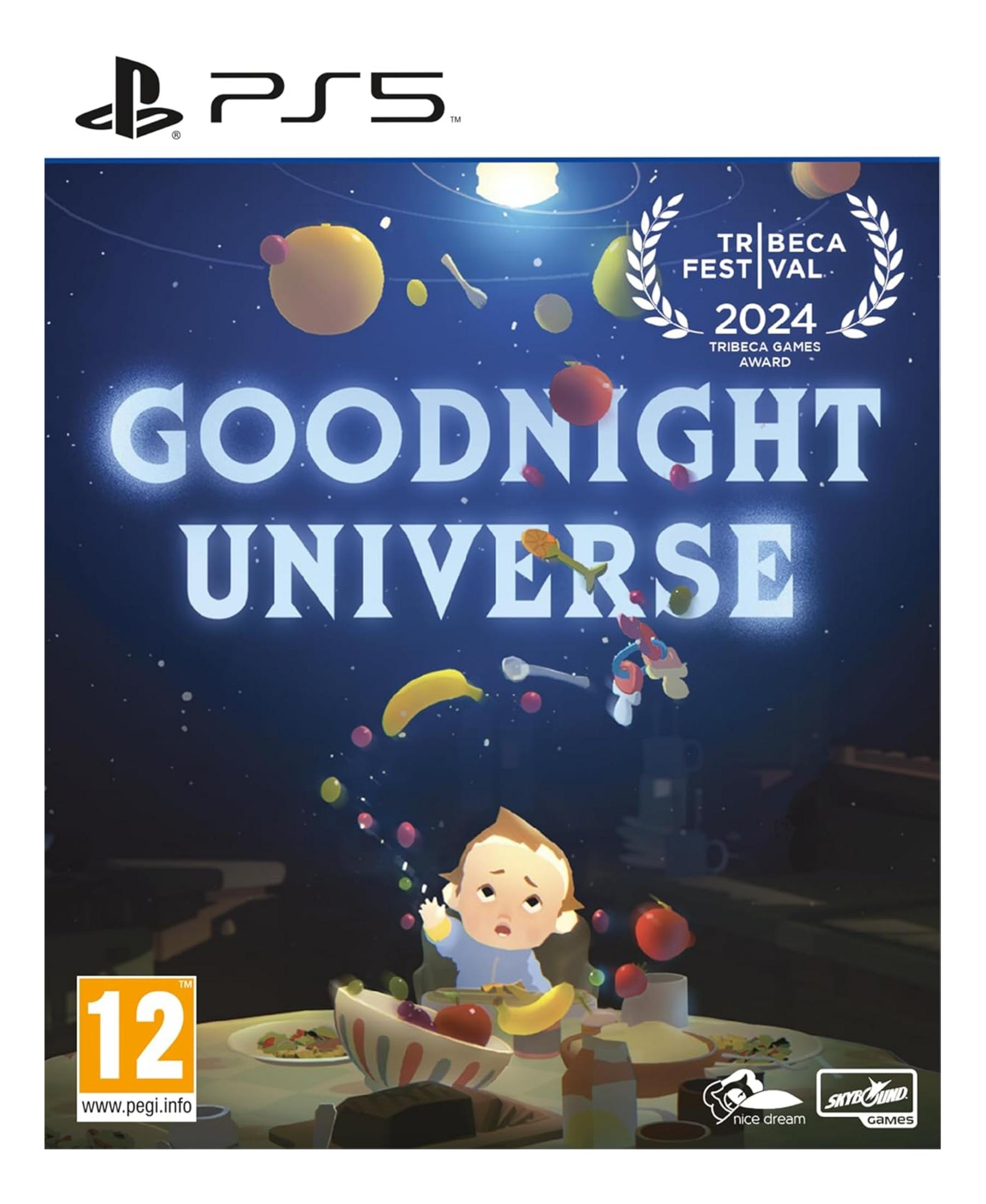 Copertina gioco PS5: Bambino a tavola con cibo fluttuante, testo 'Goodnight Universe', Premio Tribeca.