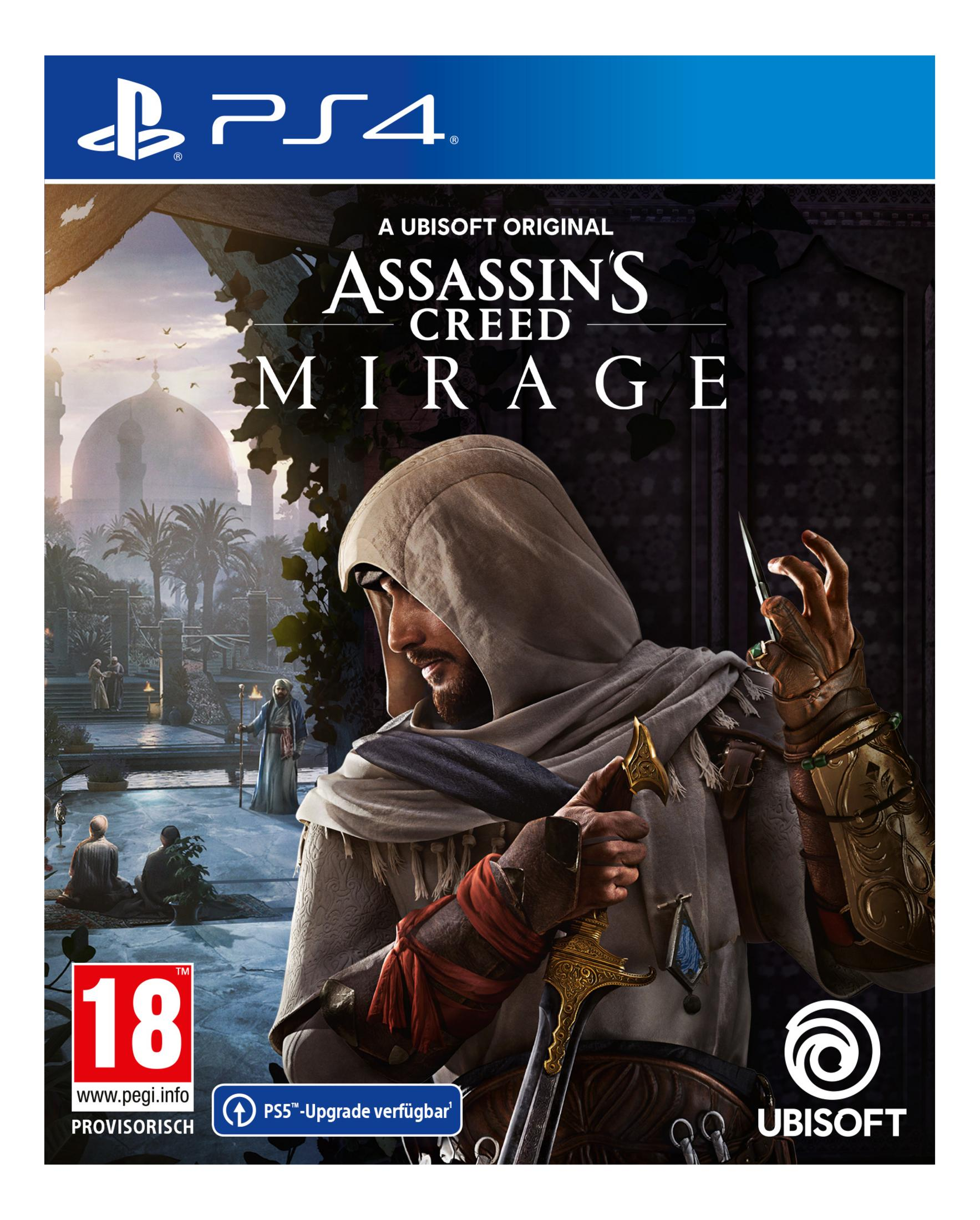 Assassin's Creed Mirage: Mann mit Kapuze hält Dolch vor orientalischem Palast.