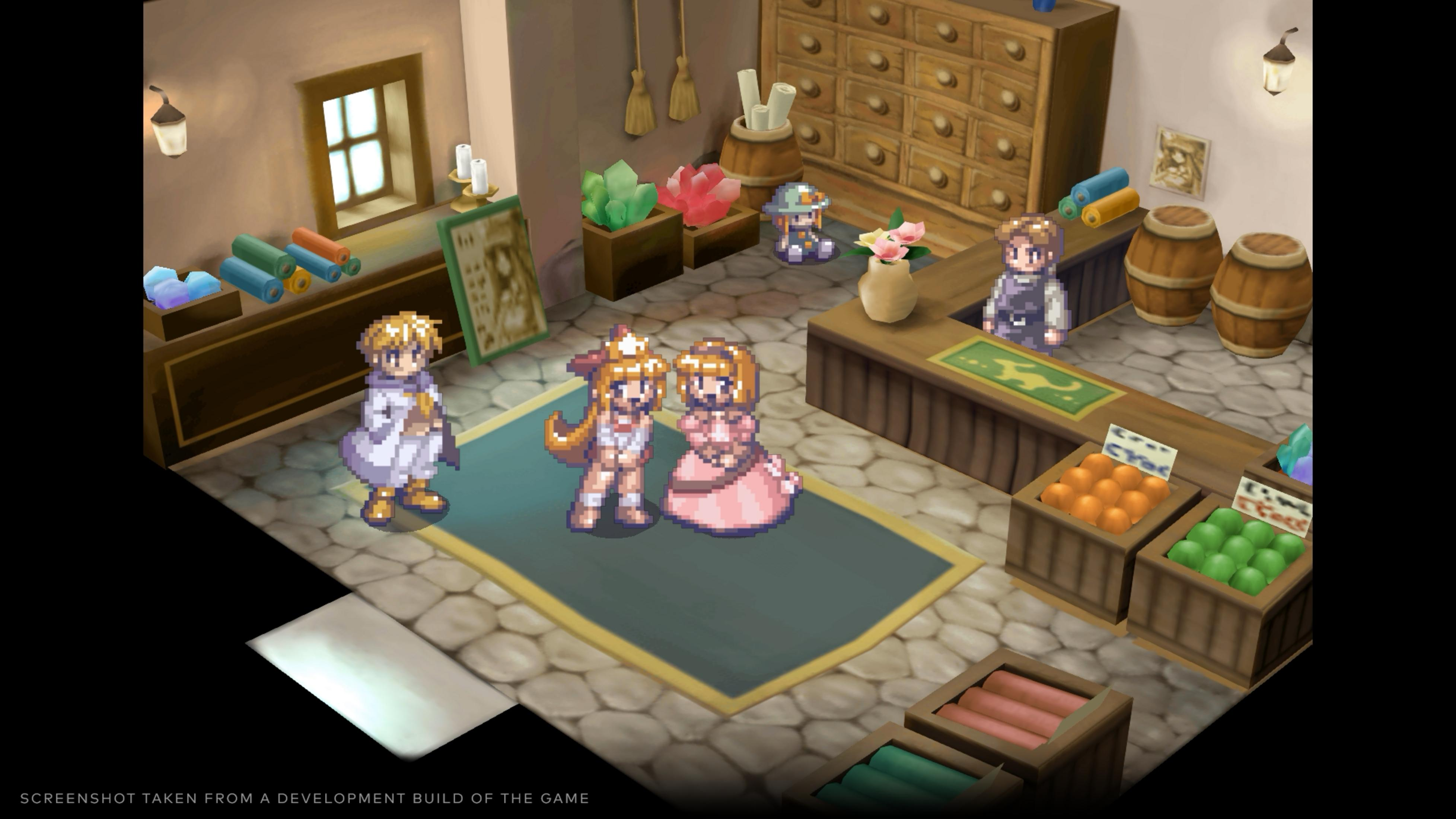 Pixel-Art-Ladeninterieur mit Charakteren. Ein blonder Junge, zwei Mädchen und ein Ladenbesitzer stehen am Tresen.