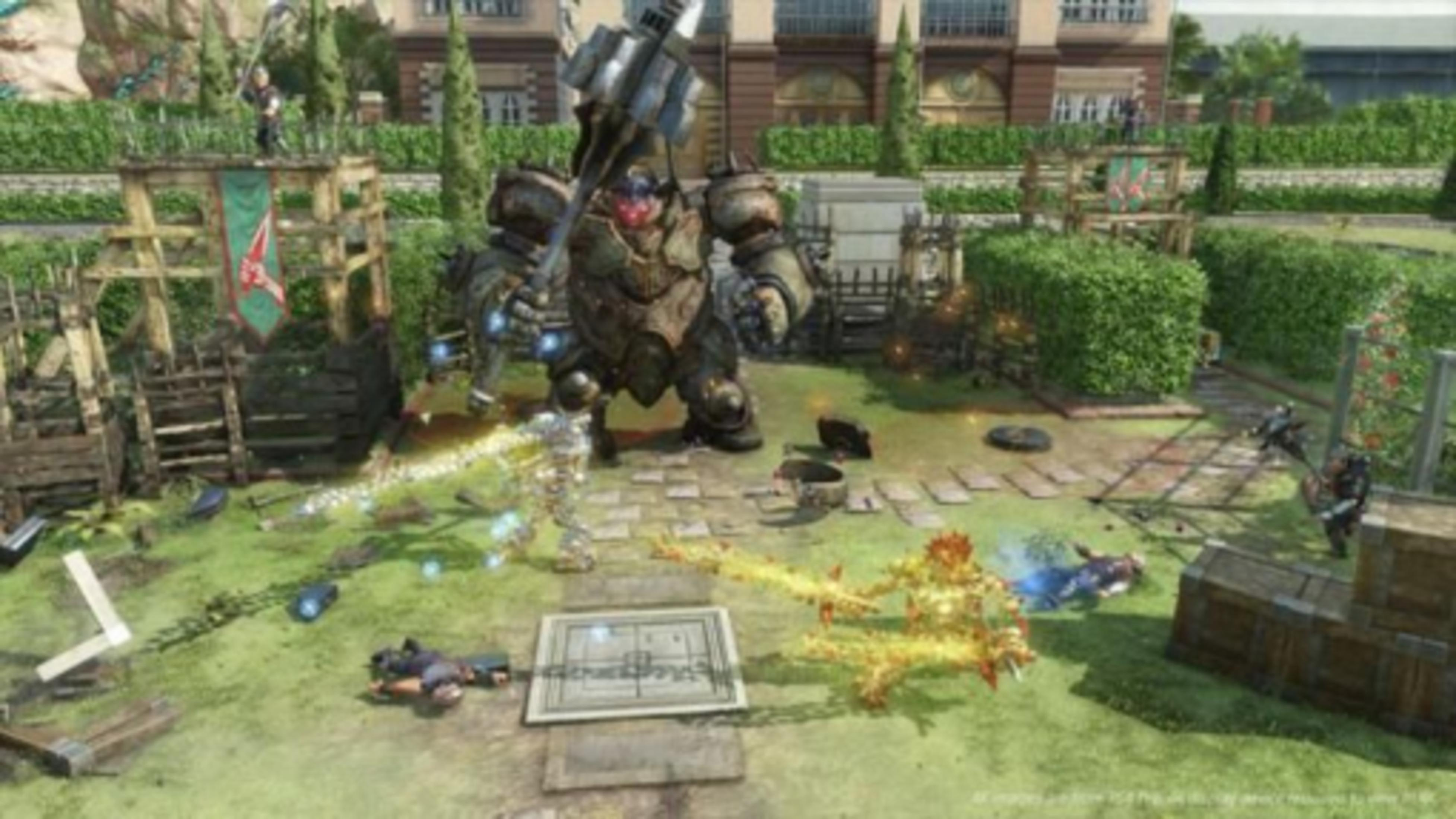 Un grand robot combat une créature enflammée dans un jardin. Des soldats combattent sur des plateformes.
