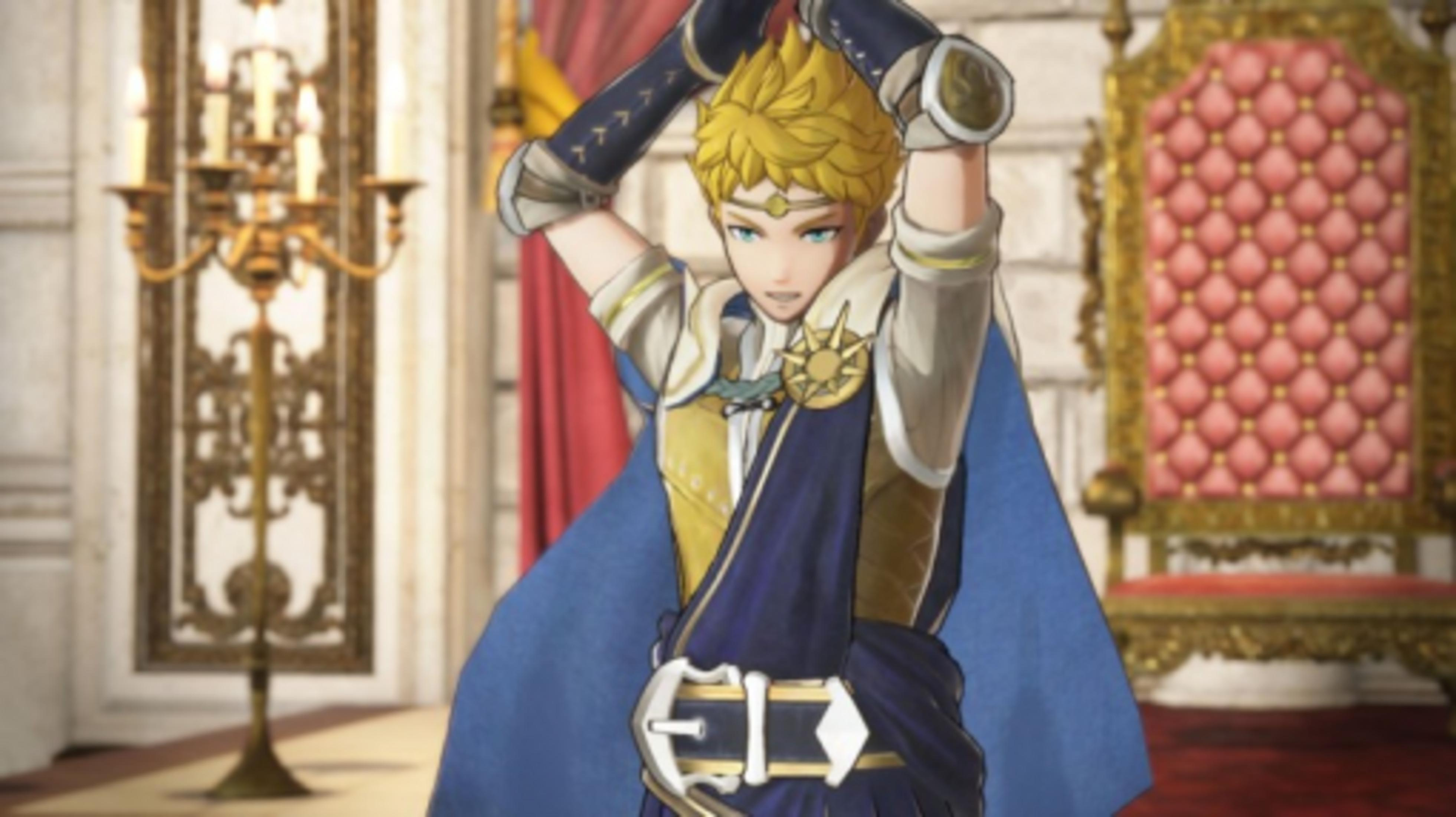 Un personaggio anime con capelli biondi e abito blu sta davanti a un trono.