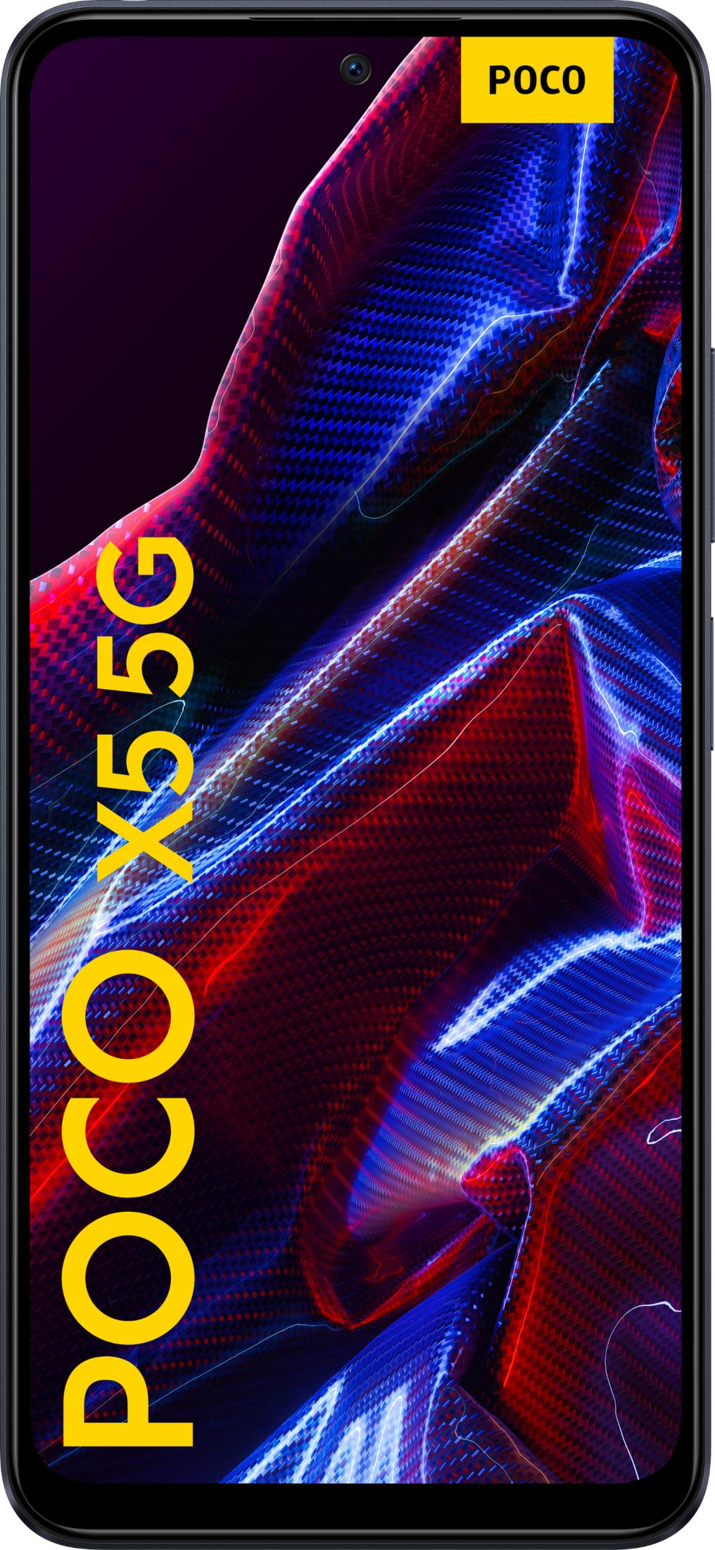 Poco X5 5G Schriftzug auf abstraktem Hintergrund mit blauen und roten Lichteffekten.