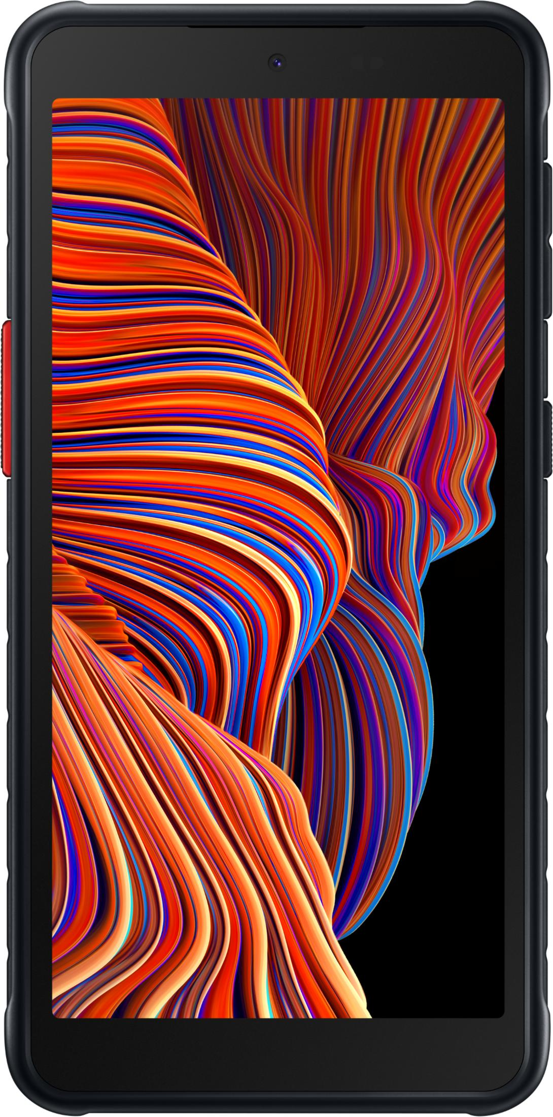 Un smartphone oscuro con un fondo de pantalla abstracto y colorido de ondas a rayas naranjas, azules y rojas.