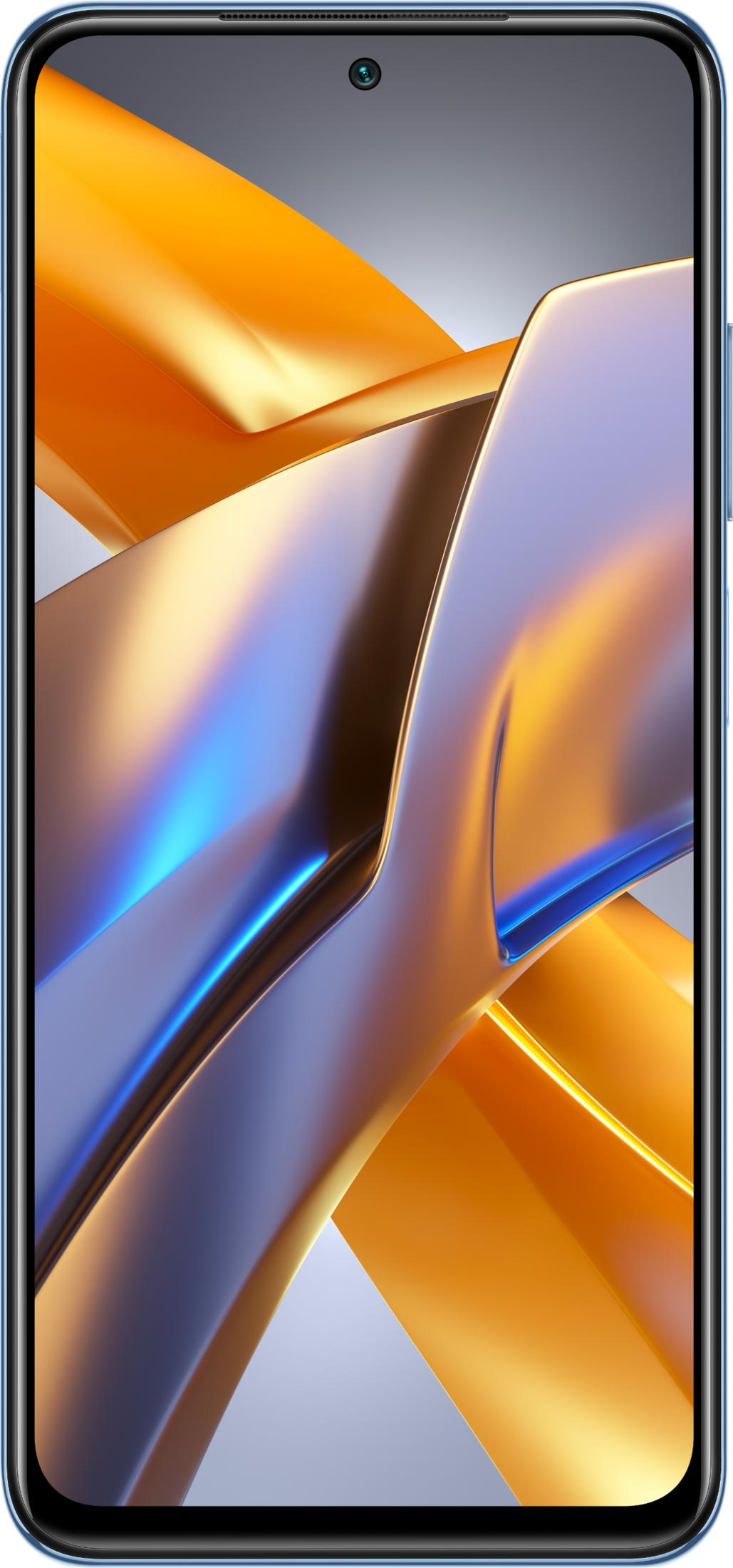 Jasnoniebieski smartfon z abstrakcyjnym wzorem pomarańczowo-niebieskim.