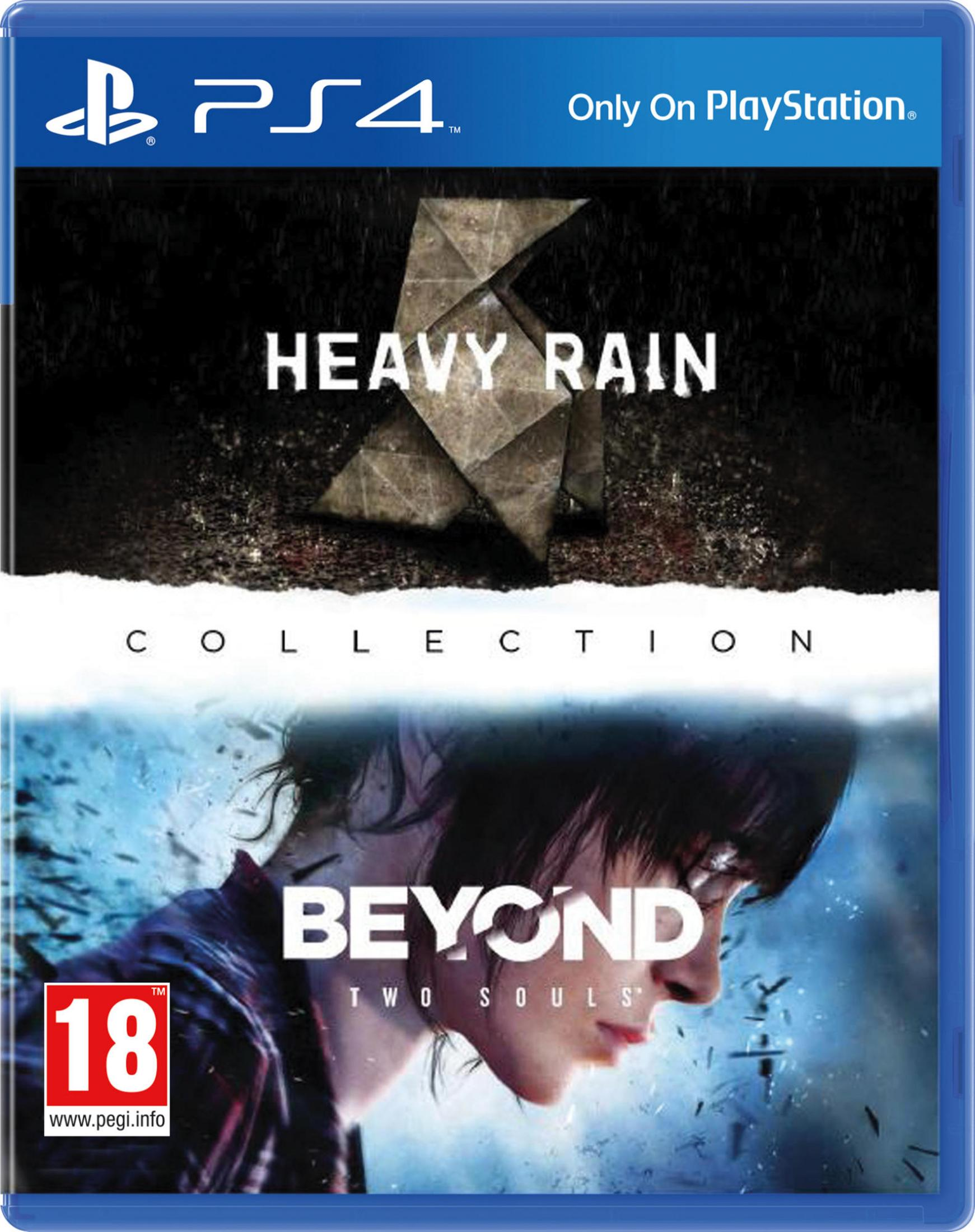 Couverture du jeu PlayStation 4 pour Heavy Rain et Beyond: Two Souls. Comprend la classification 18+.