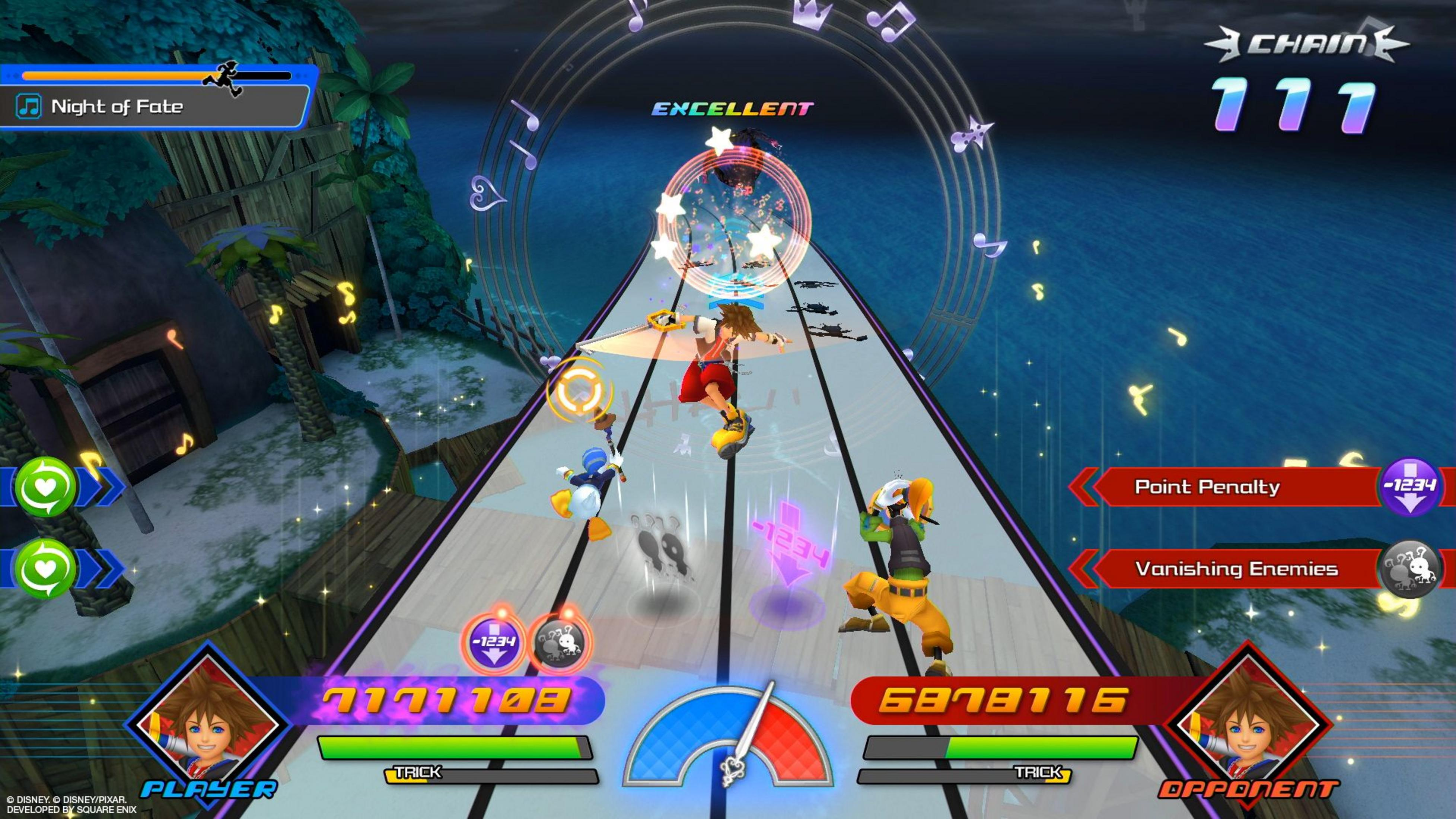 Sora, Donald und Goofy spielen ein Rhythmusspiel auf einer tropischen Insel.