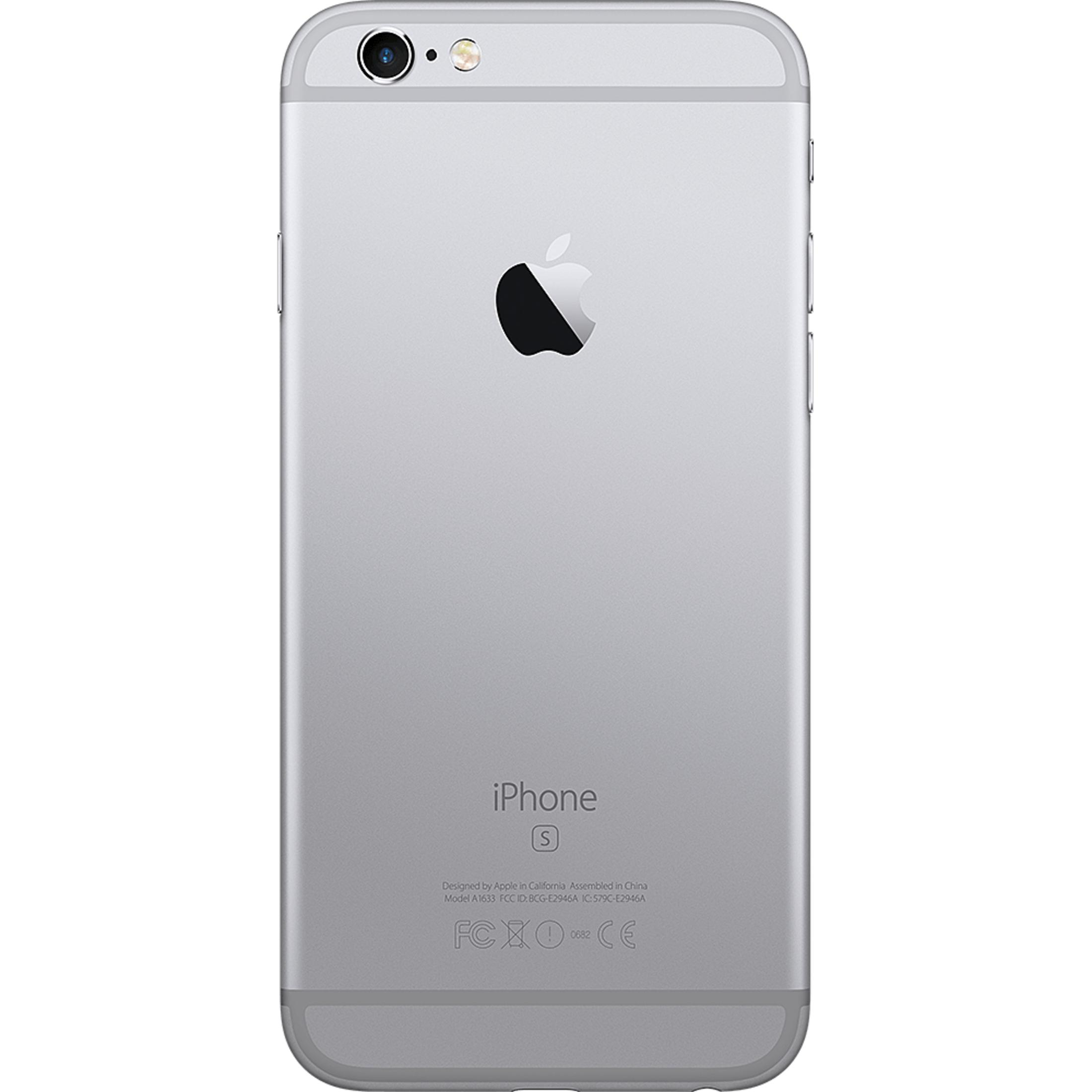 Rückseite eines silbernen iPhones 6S mit Apple-Logo und Text.